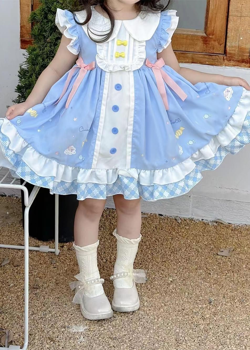 Girls Cute Anime Cartoon Print Cosplay Sky Blue Sweet Dress Ruffles Sleeve Casual Dress Headband - Image 4