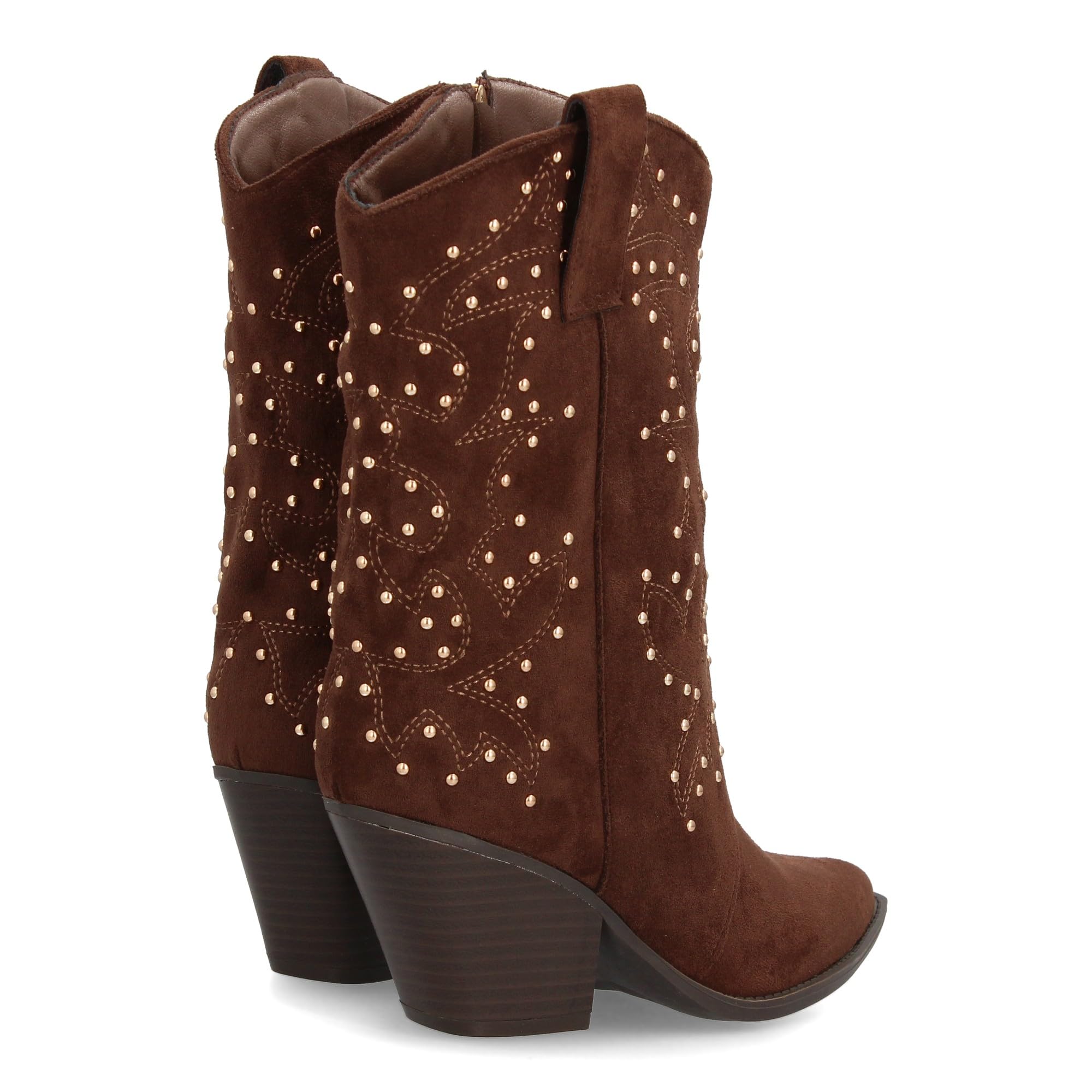 Bota Cowboy para Mujer con Diseno de Cana Media con Tachuelas metalicas. Punta Fina y Tacon Cubano. Tirador Lateral y Cierre de Cremallera. Ideal Otono Invierno.