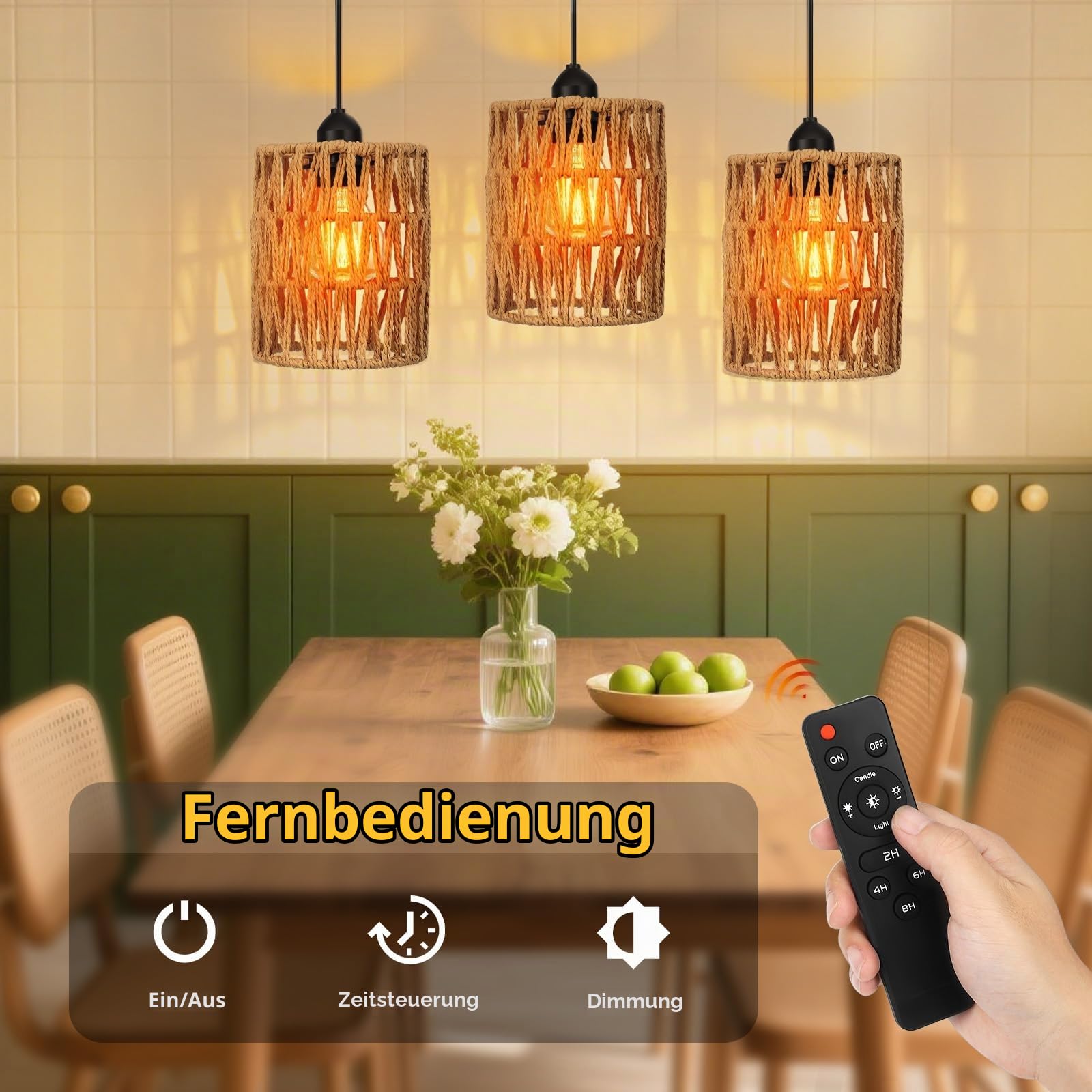 3er Set Hängelampen mit Fernbedienung - Dimmbare Rattan Pendelleuchte IP44 Wasserdicht - Boho Hängeleuchte für Garten, Terrasse, Wohnzimmer - Innen & Außen ohne Stromanschluss - Batteriebetrieben