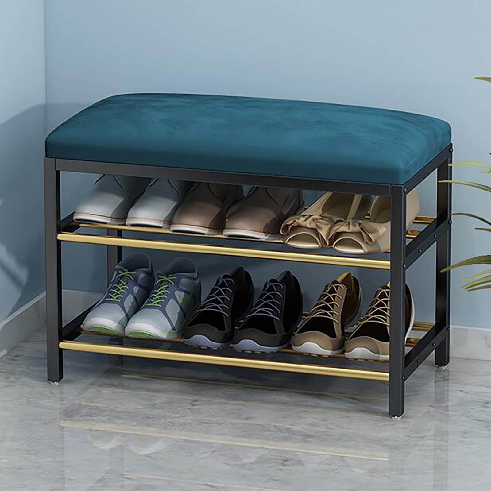 MYUYEE Shoe Storage Bench Ottoman Storage Benches Entryway Shoe Bench With Storage,2 Tier Metal Shoe Rack With Faux Leather Seat,Upholstered Shoe Storage Orga For Hallway Bedroo(Navy-60X30X45Cm)