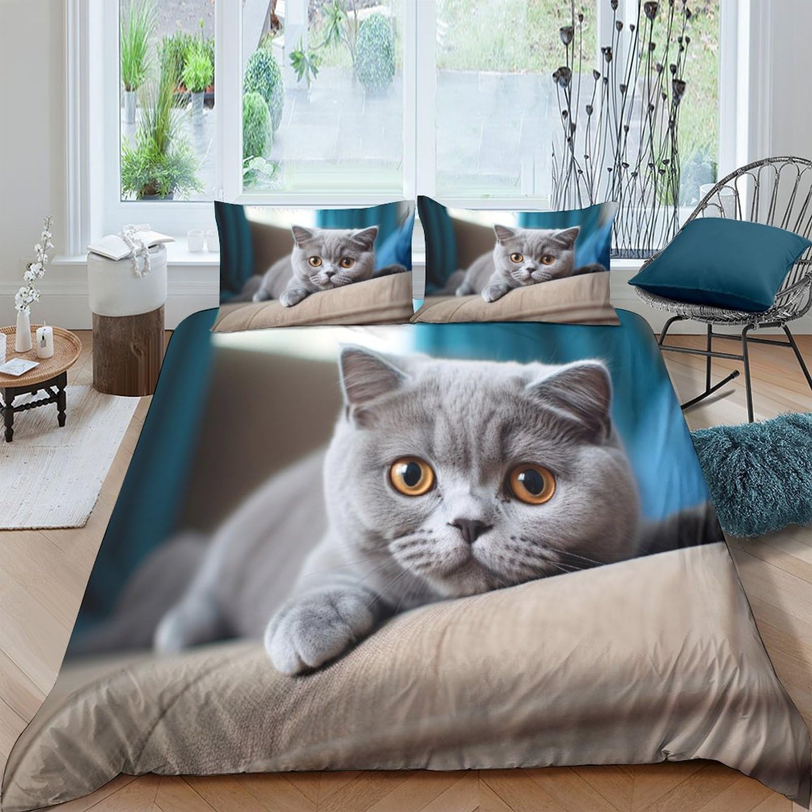 GPLZQXKJNH 3D Printed Grey Cat Duvet Cover Microfiber Soft Breathable Kitten Bedding Set with 2 Pillowcases for Bedroom Decor Single（135x200cm）
