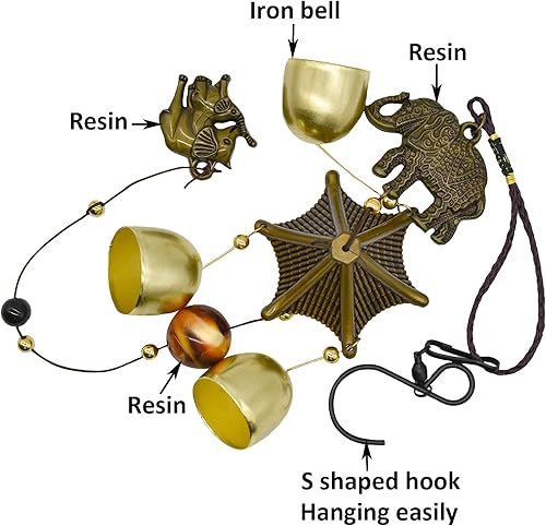 Miniatura 7 de Maydahui Campana de viento retro de elefante (21 pulgadas de alto), campanas de viento vintage de cobre con gancho en forma de S para regalos de