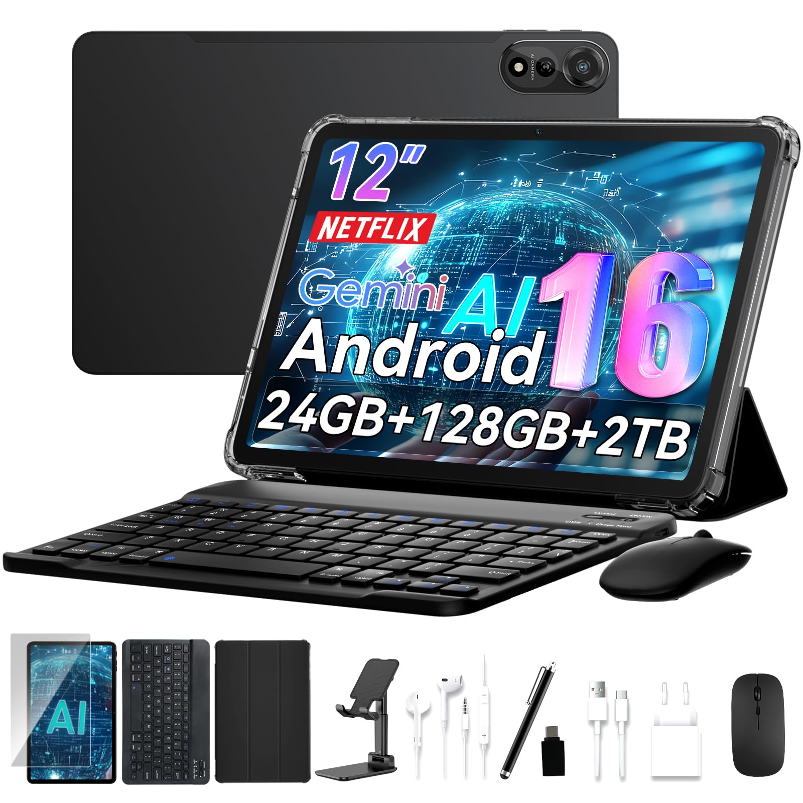 Nexall N90 Android 16 Tablet, 12 inch Tablet 2K FHD+, Android Tablet with Keyboard, 5G WiFi, 24GB+128GB/2TB, Face ID, 9000 mAh, 4 Years Warranty, Widevine L1, OTG, 1217-BOX, Case&Pen