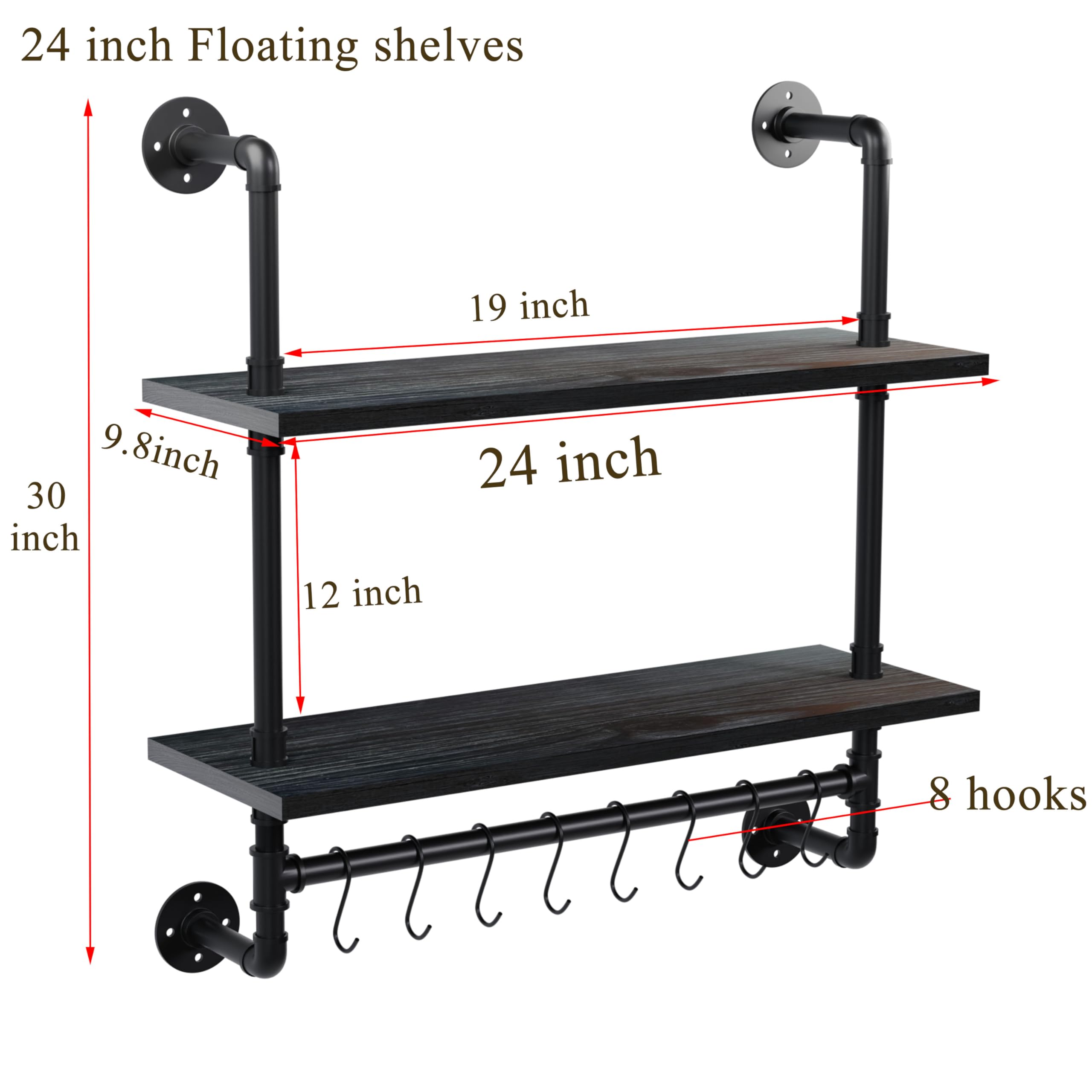ROGMARS Estantes industriales de tubería, estantes flotantes negros de 24 pulgadas para baño con ganchos para toallero, estantes de pared de cocina, estantes de cafetería, estantes montados en la