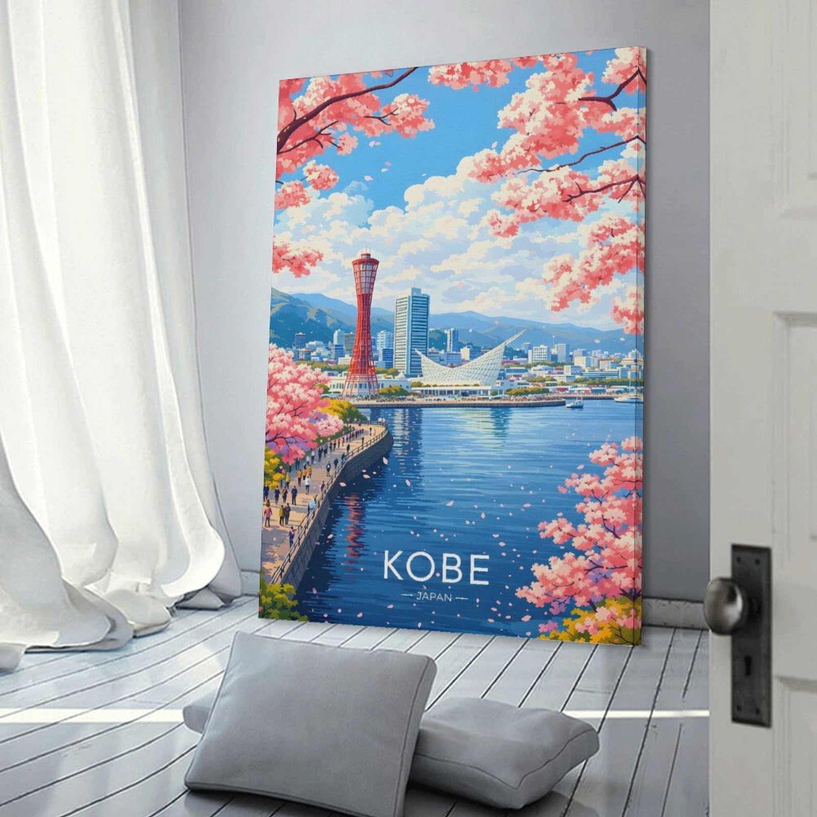 Junmoney Canvas Wall Decor Kobe Cityscape with Cherry Blossoms, 24x36inch(60x90cm), for Bedroom, Guest Room Or Reading Nook, Decorative Wall Art for Cosy Rooms