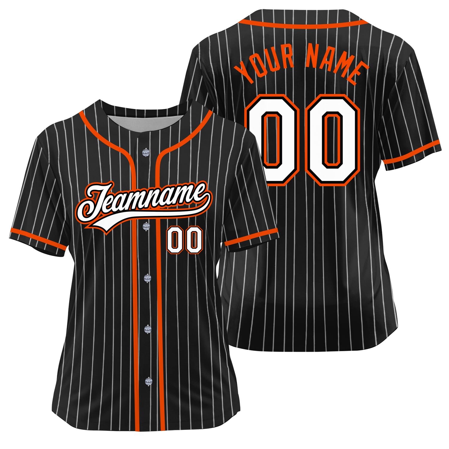 Custom Pinstripe Baseball Jersey, Personalized Name Number and Logo, Softball Sport Shirts for Men Women Youth in Black Orange