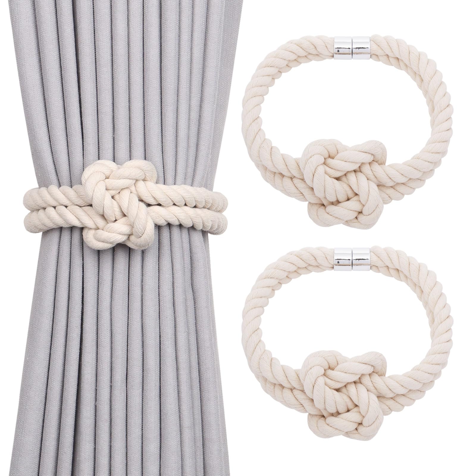 Pretty Jolly 2 Pack Natural Cotton Rope Magnetic Curtain Tiebacks Elegant Knot Decor Drape Tie Backs Boho Style Soft Hand Weave Rope Curtain Holdbacks for Home & Office Window Drapery (Beige)