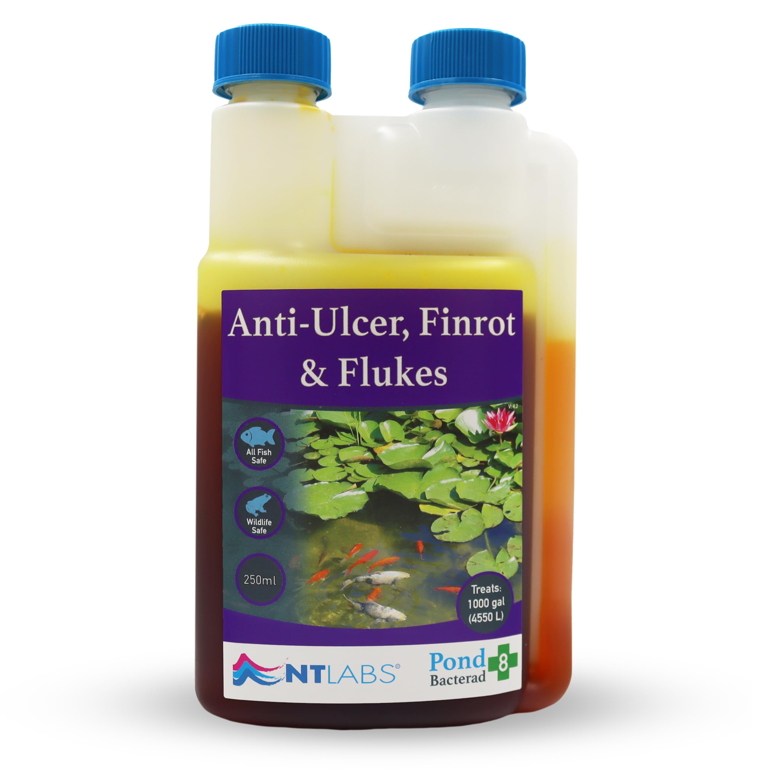 Pond Bacterad, Pond Fish Medicine, Anti-Ulcer Fin-Rot & Flukes, Use When Fish Show Symptoms of Fin Rot, Mouth Rot, Red Blotches, Missing Scales or Clamped Fins (500ml)