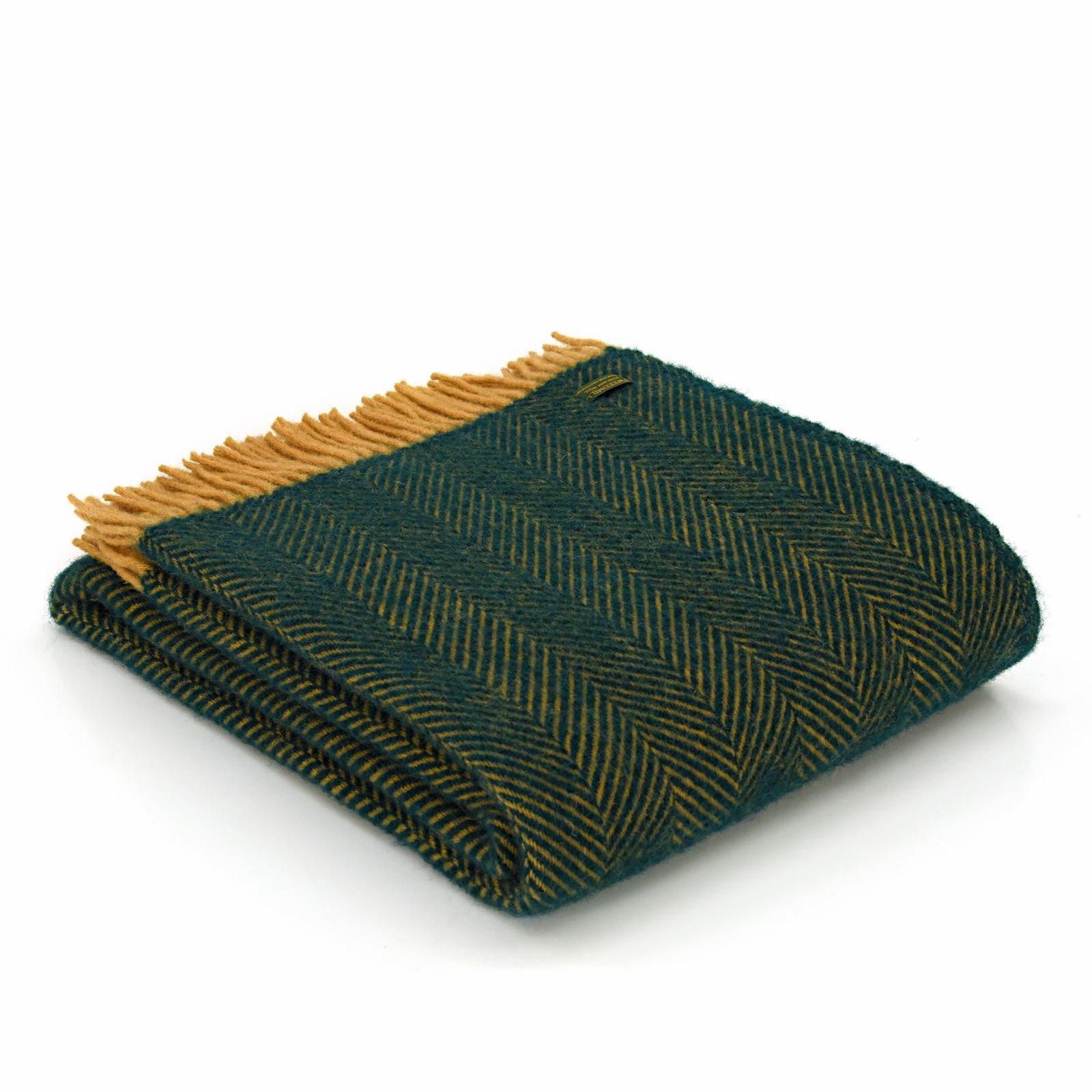 Tweedmill TextilesHerringbone pure new wool blanket throw rug - Emerald Green/Mustard Yellow BRITISH MADE