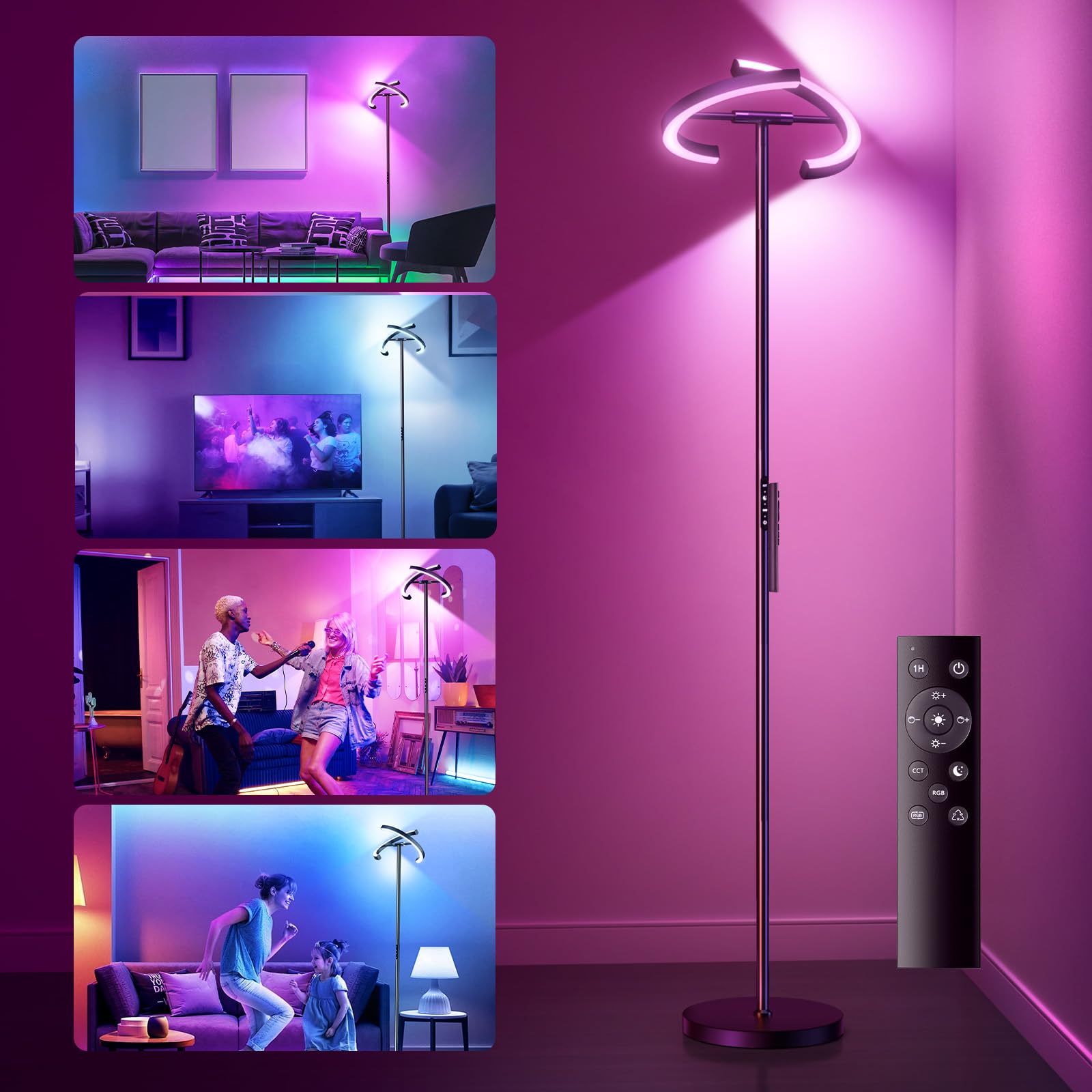 Ehaho RGB Floor Lamp Living Room LED Dimmable 20 W, LED Floor Lamp RGB Modern Uplighter with Remote Control 1300 lm, 3000 K - 6000 K Touch Floor Lamp Reading Lamp for Living Room Bedroom Office Hotel black