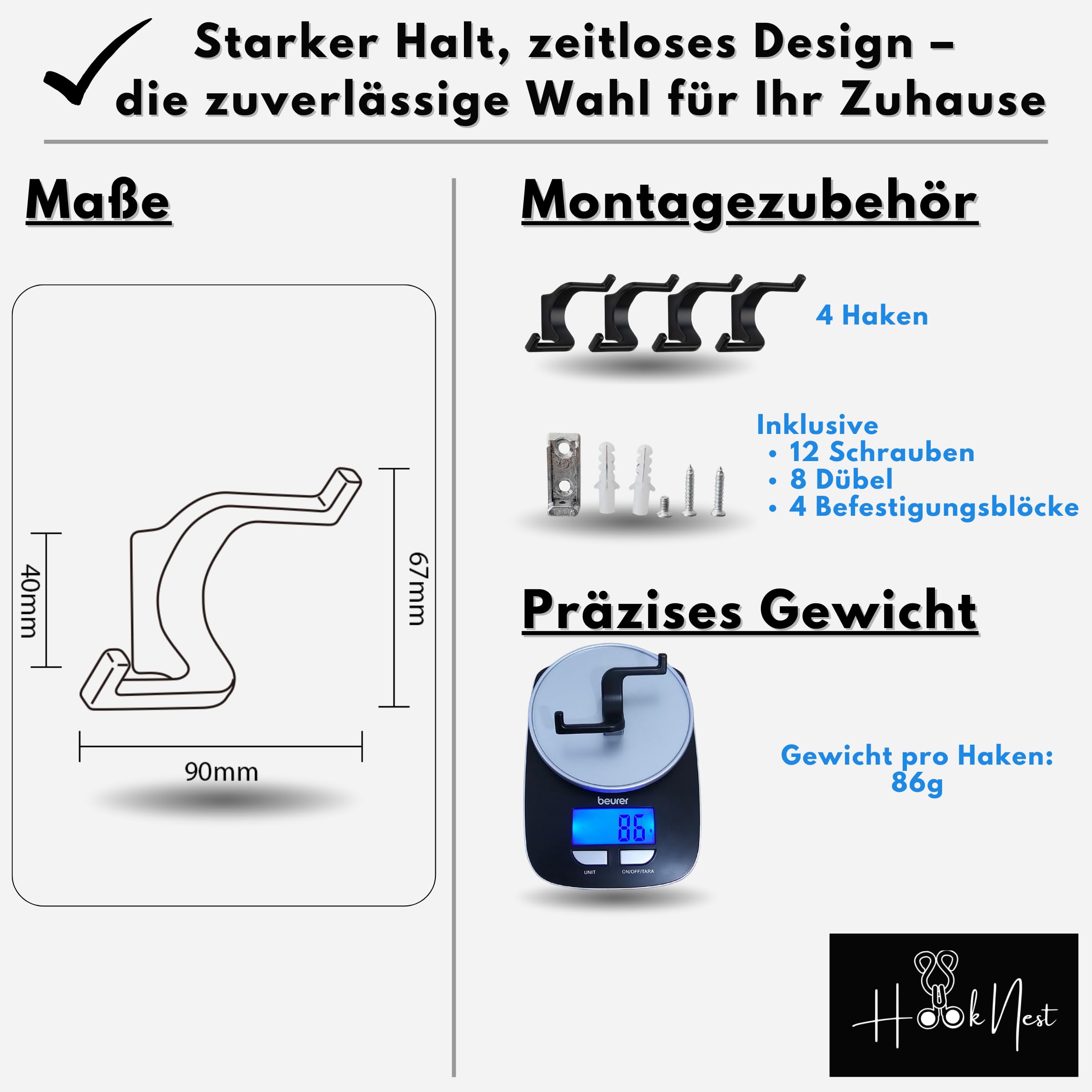 Wandhaken Schwarz Matt 4er Set – Doppelhaken aus Zinklegierung | Verdeckte Schrauben | Bis 5 kg | Garderobenhaken für Flur, Bad, Küche & Schlafzimmer