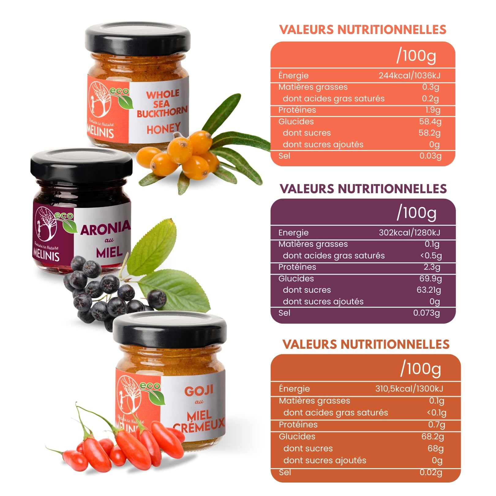 Coffret Dégustation “Explosion de Vitamines” 3 × 40 g – Miel Bio Tartinable à l’Argousier, à l’Aronia et au Goji – Sans Sucre Ajouté – Pour Petit-Déjeuner, Snacks et Cadeaux Gourmands – Melinis