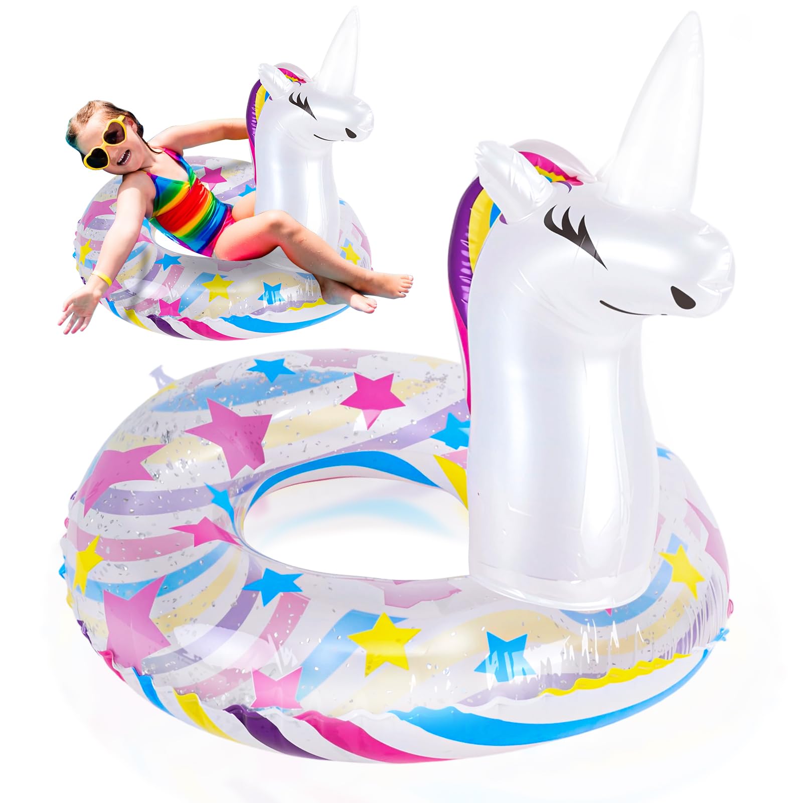 Zuimei Unicorn Inflatable Pool Floats for Kids, PVC Float Inflatable Swimming Rings with Glitter Swimming Pool Toy Rubber Ring for Summer Pools Water Party, White (5-9 Years Old) — image 1