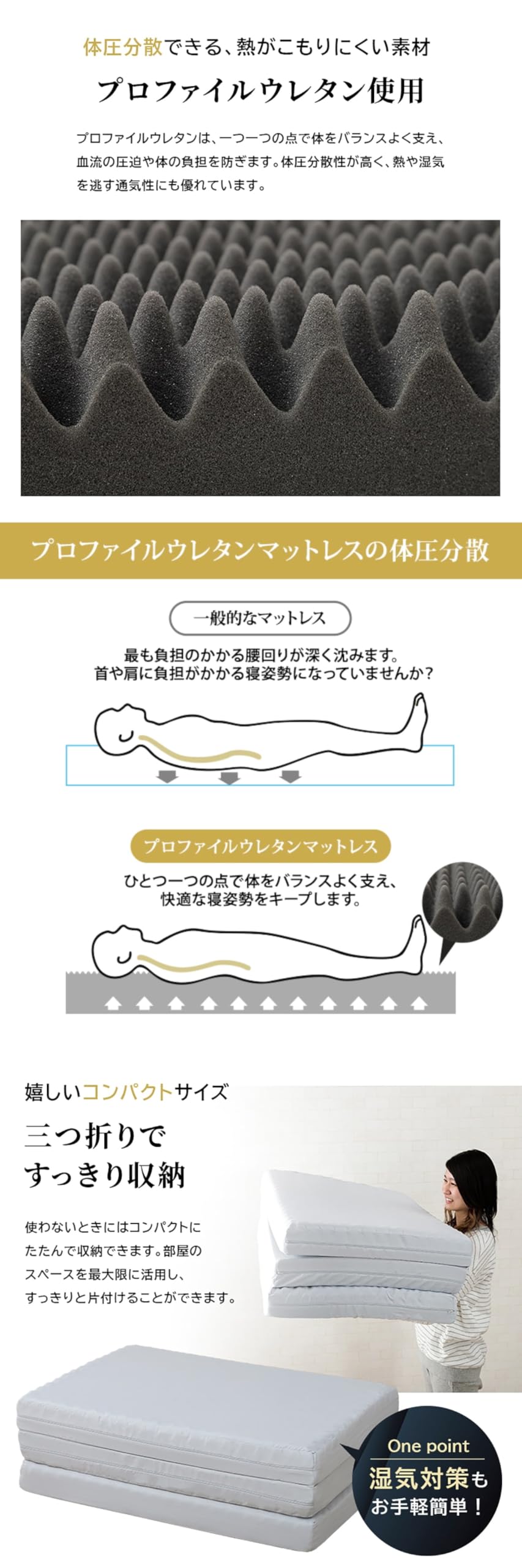 Amazon｜マットレス ダブル 高反発 3つ折り プロファイル ウレタン 厚