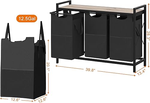 Miniatura 2 de Heybly Cestos de lavandería, 3 × 12.5 galones cesta de lavandería con clasificador de escritorio grande para organización de lavandería, baño y