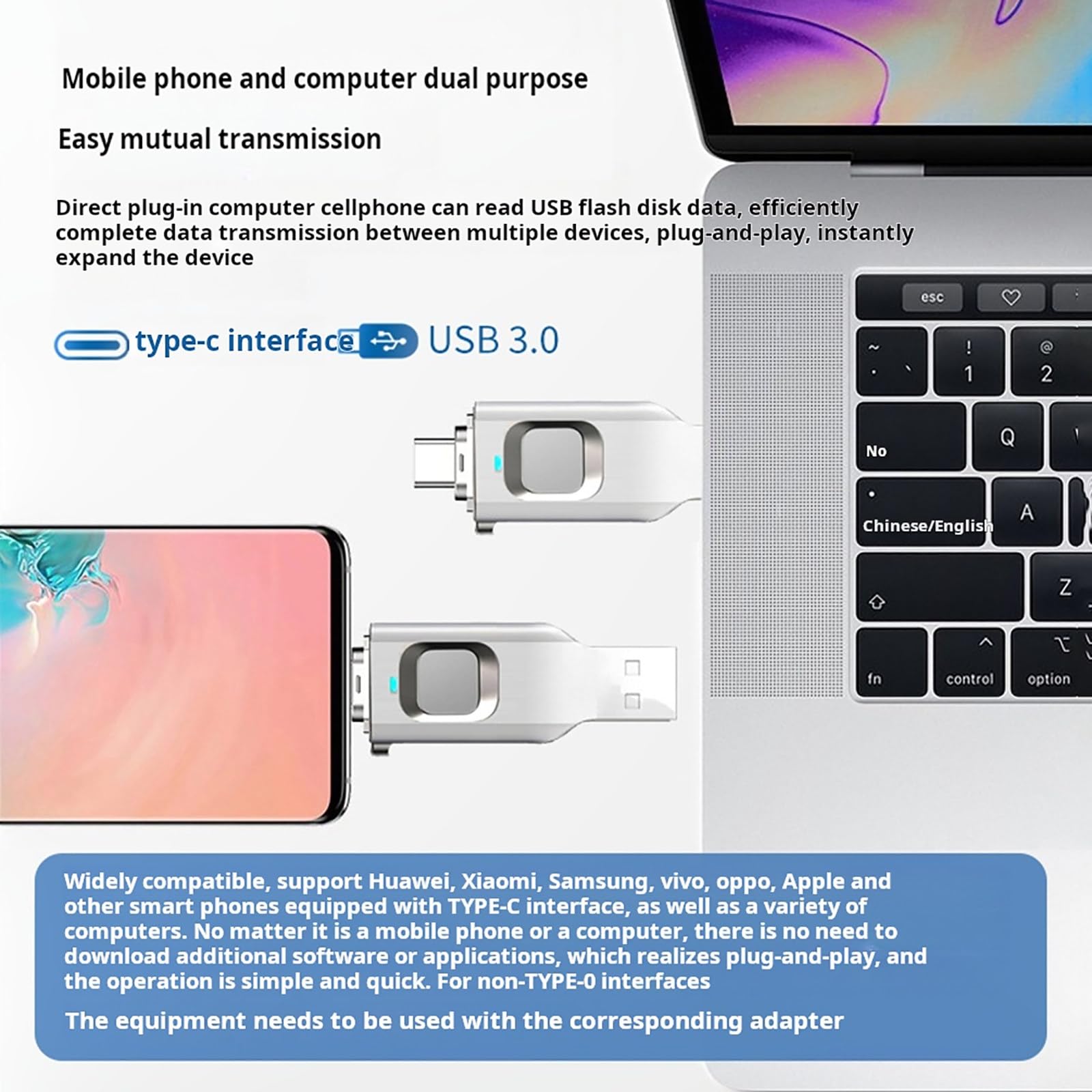 Chiavetta USB con Impronta Digitale, 16GB/32GB/64GB/128GB/256GB Chiavetta USB 3.0, Doppia Interfaccia USB 3.0 + Type-C, Partizione Crittografata Personalizzabile 64GB