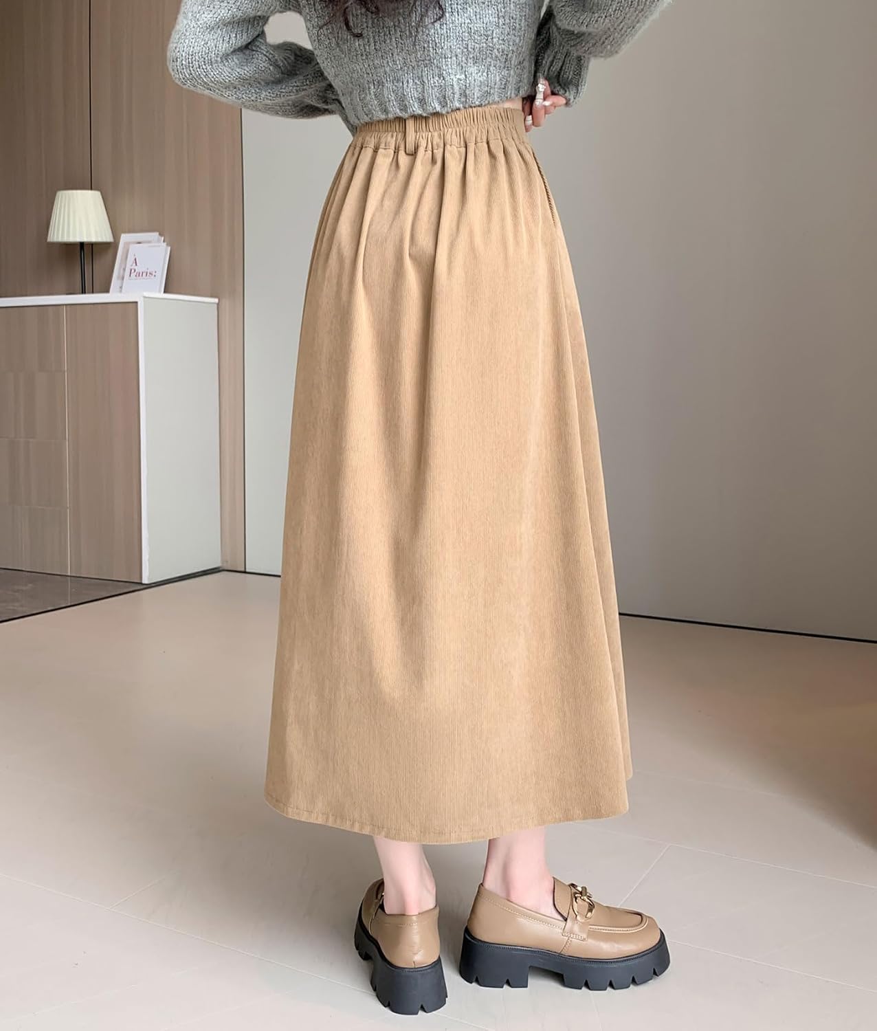 chouyatou Women's Vintage Corduroy A Line Skirt High Elastic Waist Pleated Swing Midi Long Skirt with Pockets - Image 3