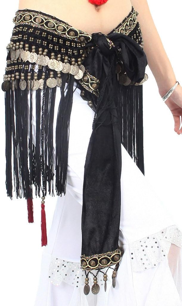 Women's Belly Dance Tribal Hip Scarf with Fringe Coins Flannel