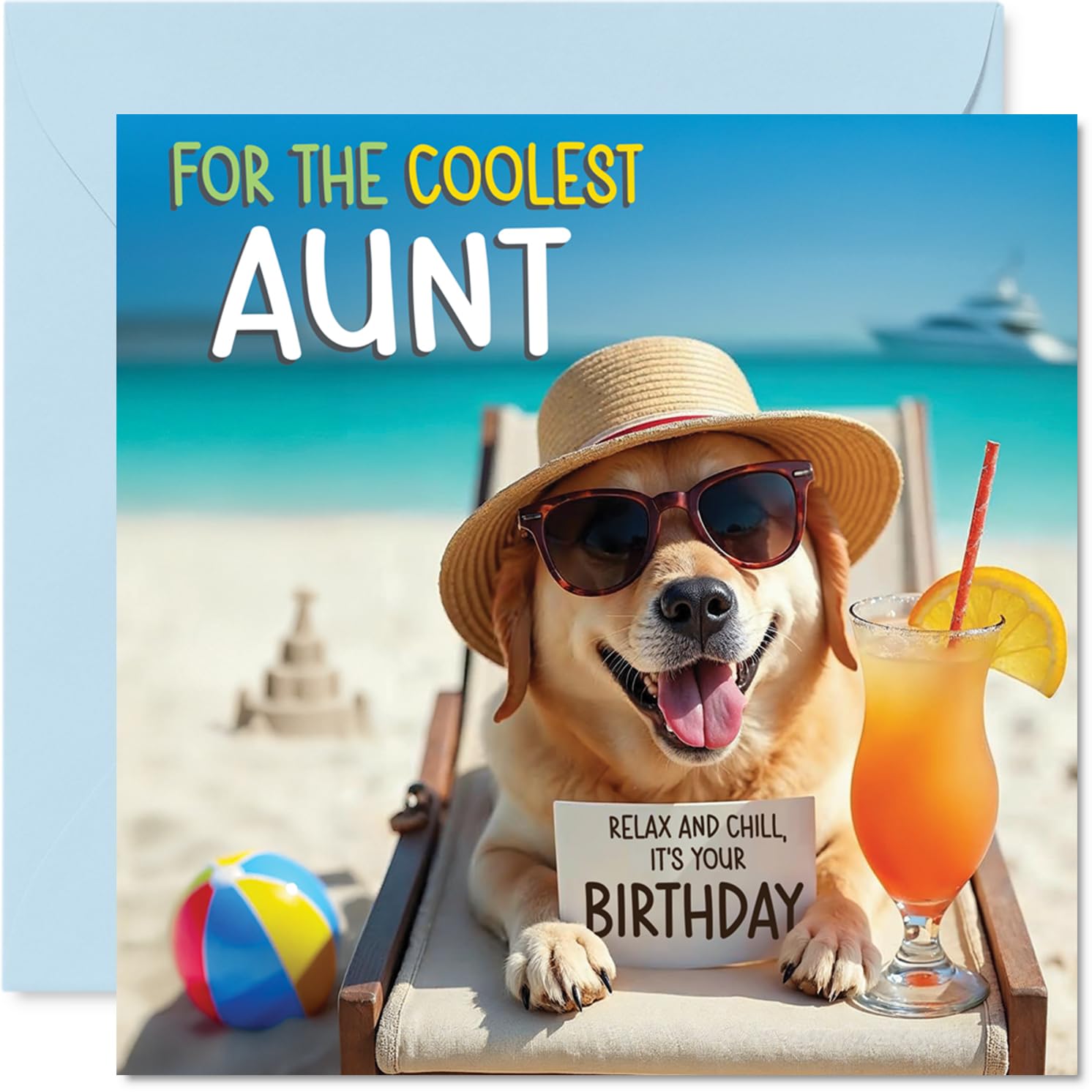 Aunt Birthday Card - Chill Beach Dog - Happy Birthday Card for Aunt from Nephew Niece, 145mm Chill Beach Dog Bday Greeting Cards