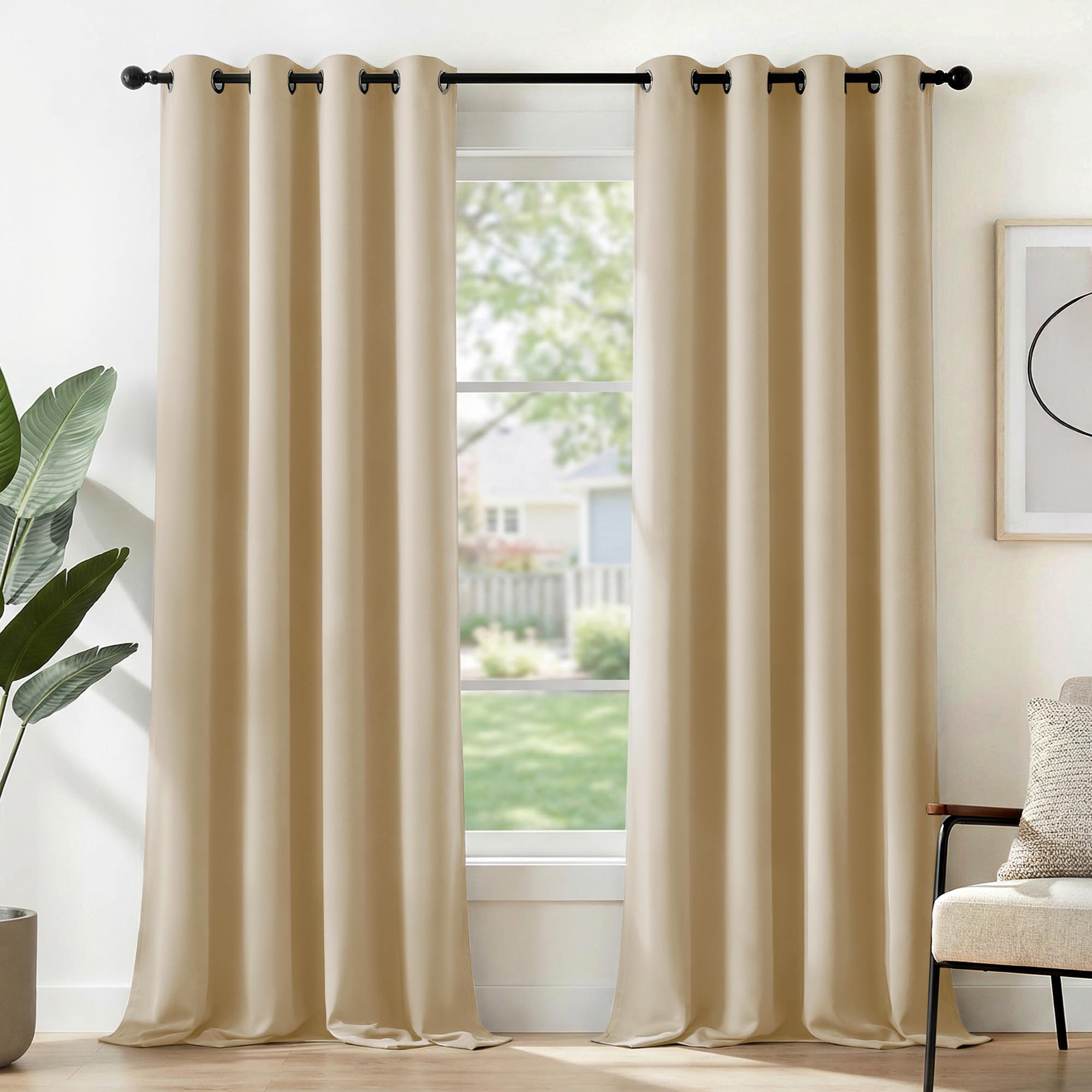 Deconovo Blackout Curtains Eyelet, Super Soft Thermal Insulated Noise Redudcing Bedroom Curtains for Living Room, 46 x 90 Inch, Biscotti Beige, 2 Panels — image 1