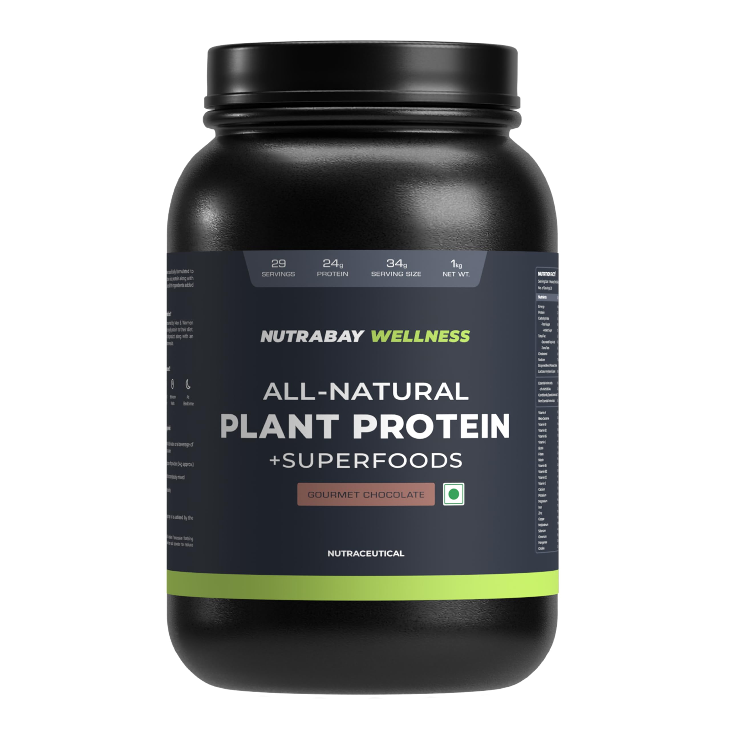 Nutrabay Wellness All Natural Plant Protein - 1kg, Gourmet Chocolate | Complete Amino Acid | Pea & Brown Rice Protein | 24g Protein | Easy to Digest | Sweetened with Stevia | For Men & Women