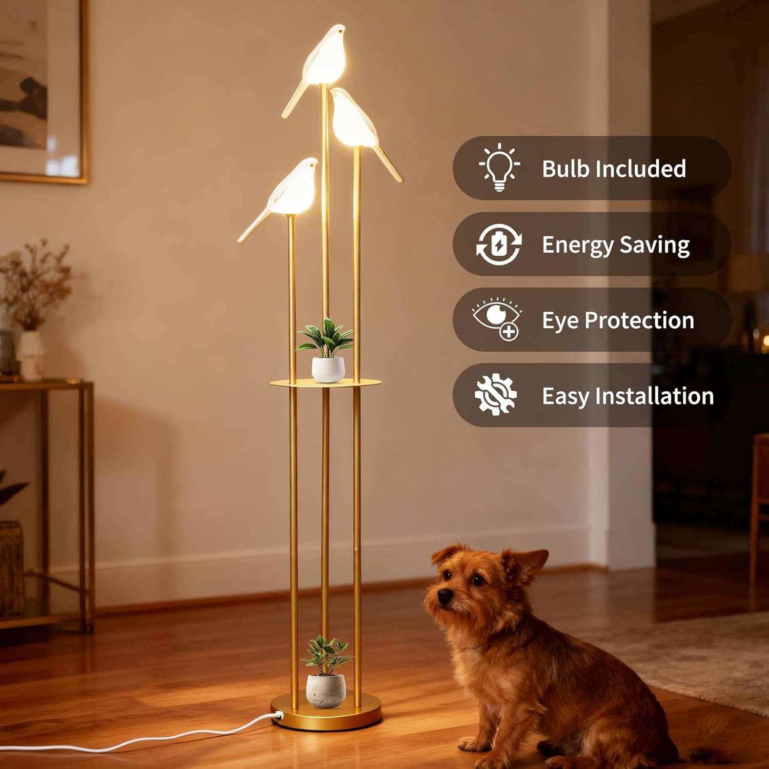 𝑼𝒑𝒈𝒓𝒂𝒅𝒆 Unique Gold Floor Lamps for Living Room, with 3 Adjustable LED Bird Lights and Storage Shelf, Brightness Adjustable, Stand up Lamp for Bedroom Kids Room Office