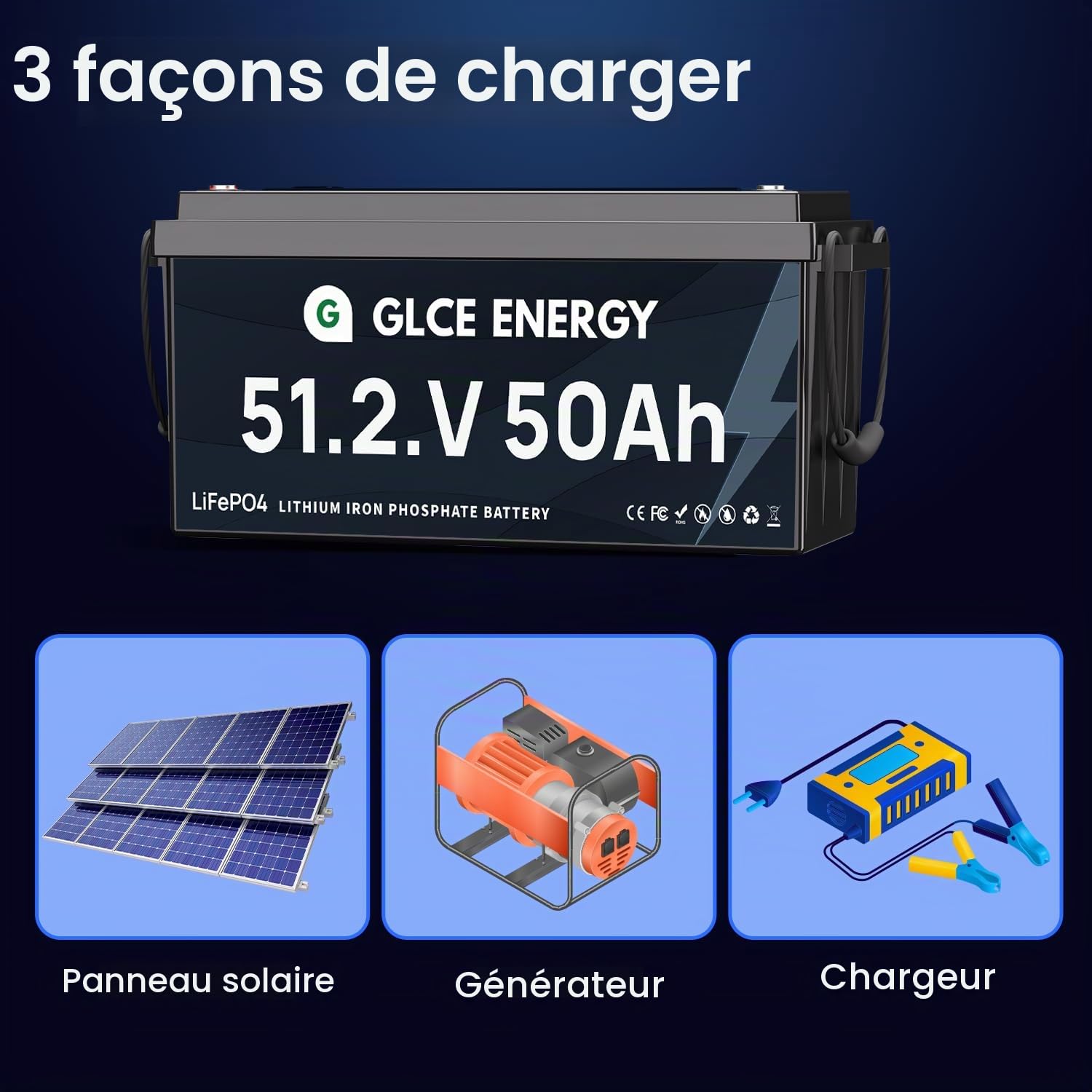 Batterie LiFePO 48V(51.2V) 50Ah avec BMS Bluetooth 100A | 4500-15000 Cycles, Haute capacité 2560 Wh | Batterie à Cycle Profond pour Camping-Cars, installations solaires