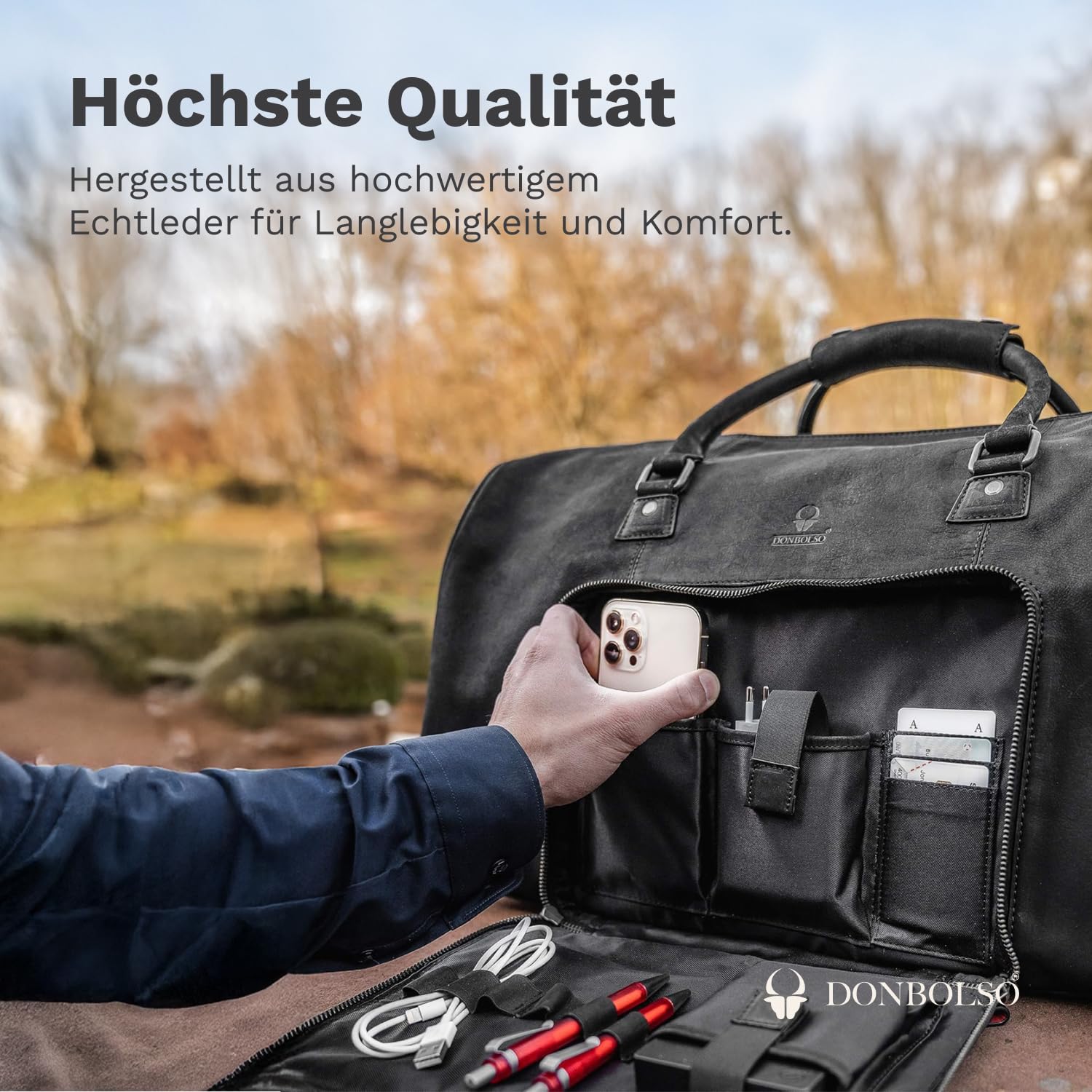 DONBOLSO® Weekender Neapel - Hochwertige Reisetasche Herren groß - Leder Reisetasche Schwarz - Größe L mit 40 Litern, Handgepäck Ledertasche - Klassischer Donbolso Vintage Schwarz