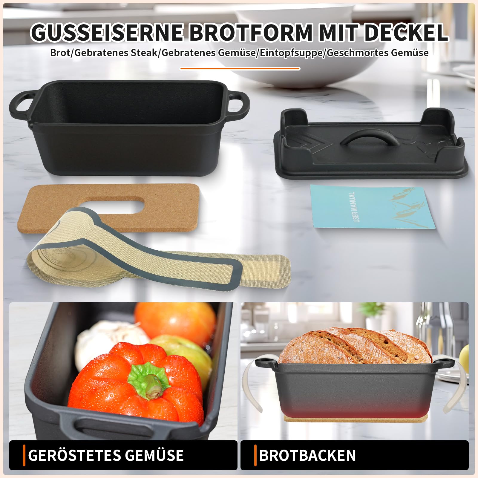 Illidan Gusseisen Brotbackform mit Deckel, 2-in-1 Broodbakvormen Voor Brood,Rechteckig Sauerteig Brotbacktopf - Gusseiserner Topf für Küche Ofen Camping Formen für Brotlaibe