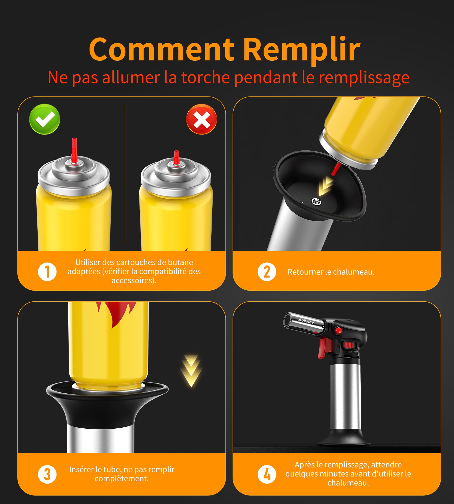 Ankway Chalumeau de Cuisine Rechargeable avec Verrouillage de Sécurité et Flamme Réglable, Argent