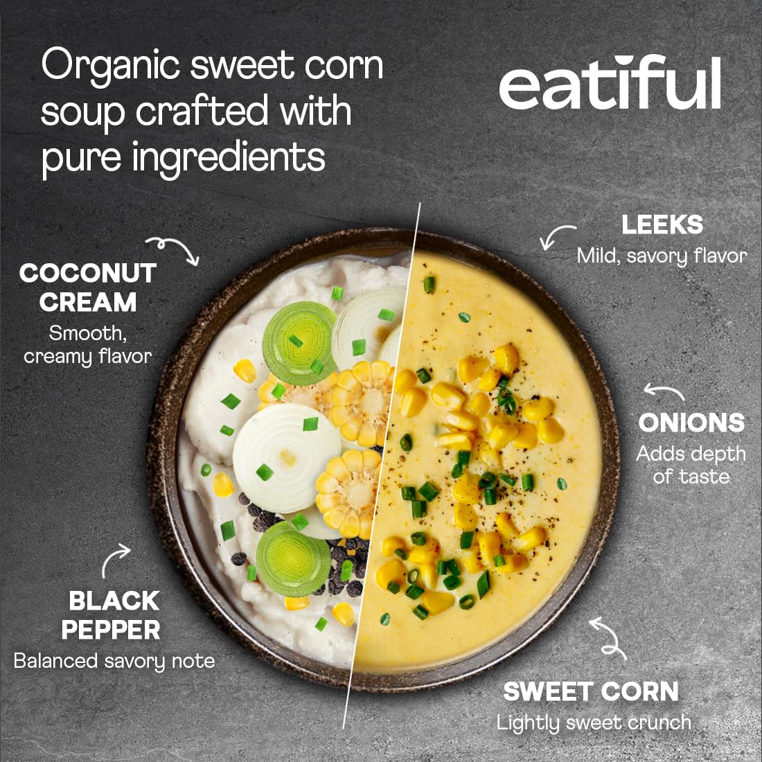 EATIFUL Sopa de Maíz Dulce, Sopa Cremosa de Maíz Dulce Lista Para Comer Con Trozos de Maíz, Elaborada con Verduras Ecológicas, de Origen Vegetal, sin Gluten y OMG, 400g (Paquete De 5 Unidad)