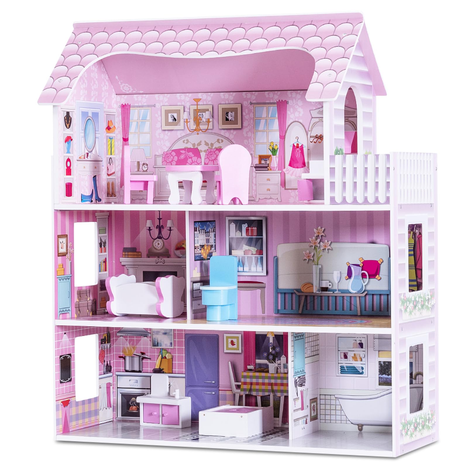 GYMAX Kids Dollhouse, 3-Storey Wooden Dolls House with 5 Simulated Rooms & Furniture Accessories, Large Pink Doll House for 3 Years Old+ Girls Boys (62x27x70cm)