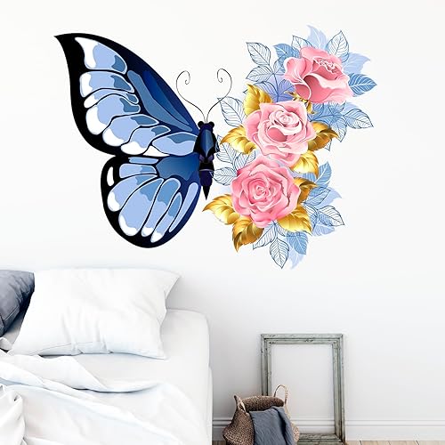 Miniatura 6 de Adhesivo de pared con diseño de mariposa y rosa, calcomanías de pared de flores azules para sala de estar, dormitorio, vinilo extraíble, calcomanías