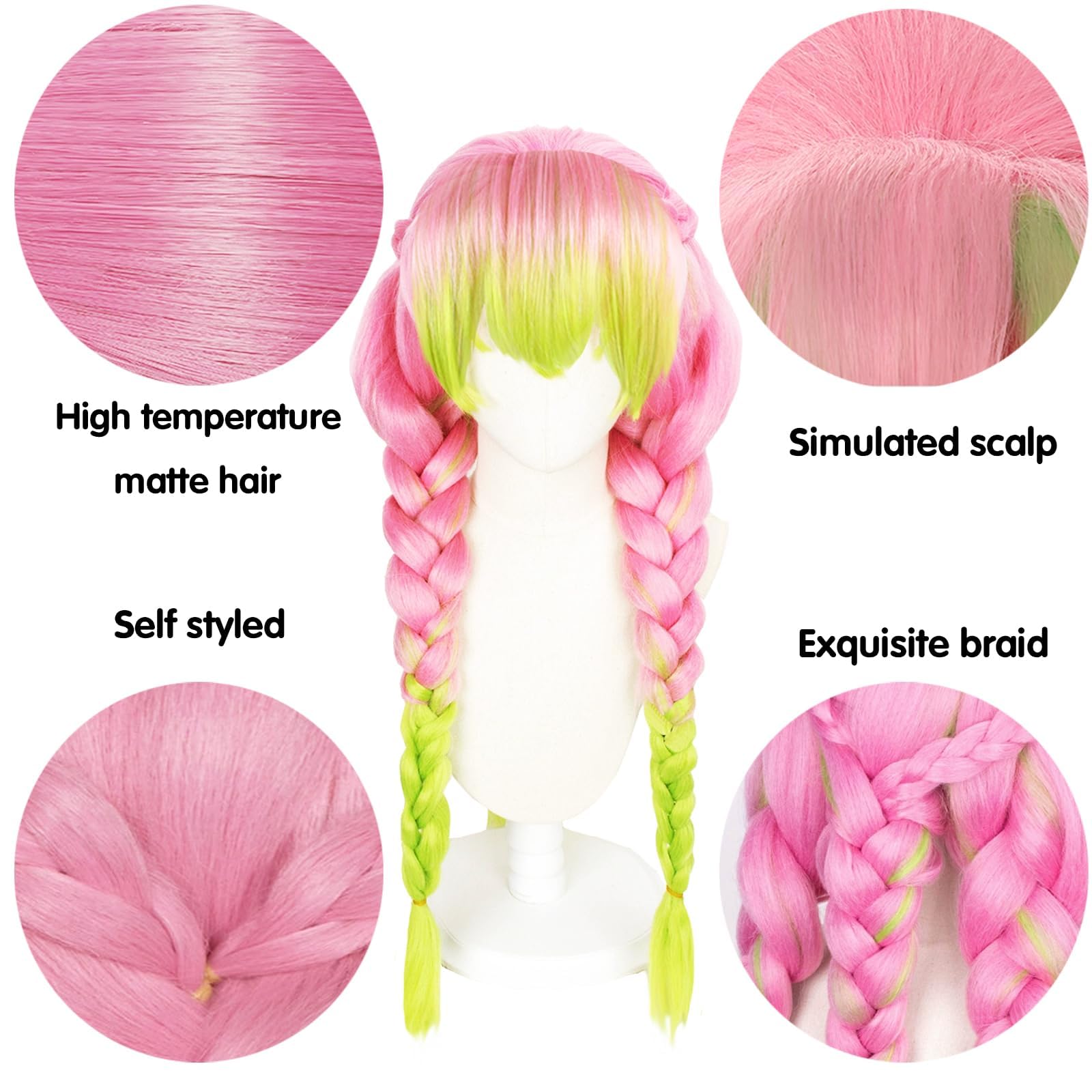 Anime Kanroji Mitsuri Cosplay Perücke für Damen, Mitsuri Cosplay Wig, Rosa Grün Perücke Charakter Verkleiden Lange geflochtene Perückes Passend, für Mädchen Halloween Karneval Kostüm Party