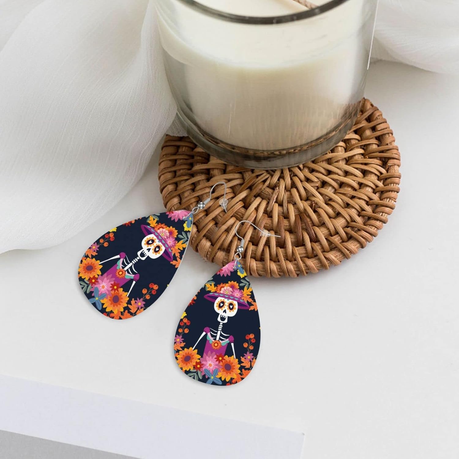 Dia De Los Muertos Mexican Day Skull Faux Leather Teardrop Earrings for Women Drop Dangle Earrings Gift - Image 6