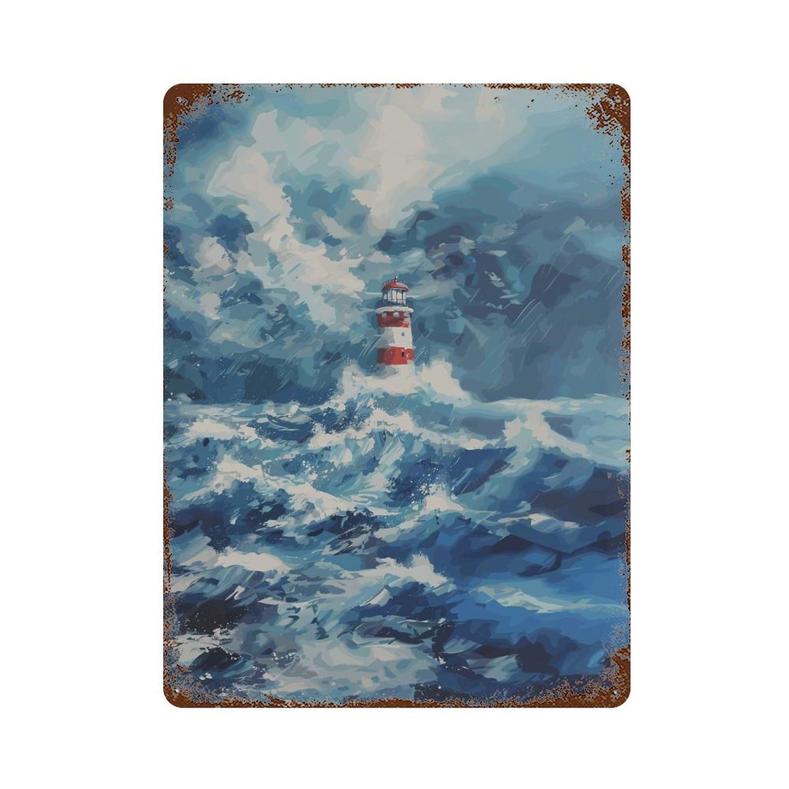 Lighthouse in The Storm Rust Effect Tin Sign 15.7"x11.8", Industrial Home Decor for Bistro, Counter And Cafe Decor