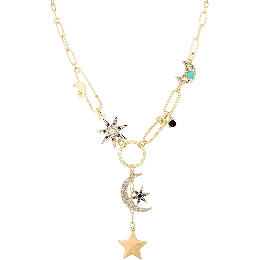 Sacina Boho Gold-Tone Moon and Star Necklace, Star Necklace, Moon Necklace for Women, Boho Necklace, Gold-tone Charm Necklace, Christmas Jewelry Gift For Women