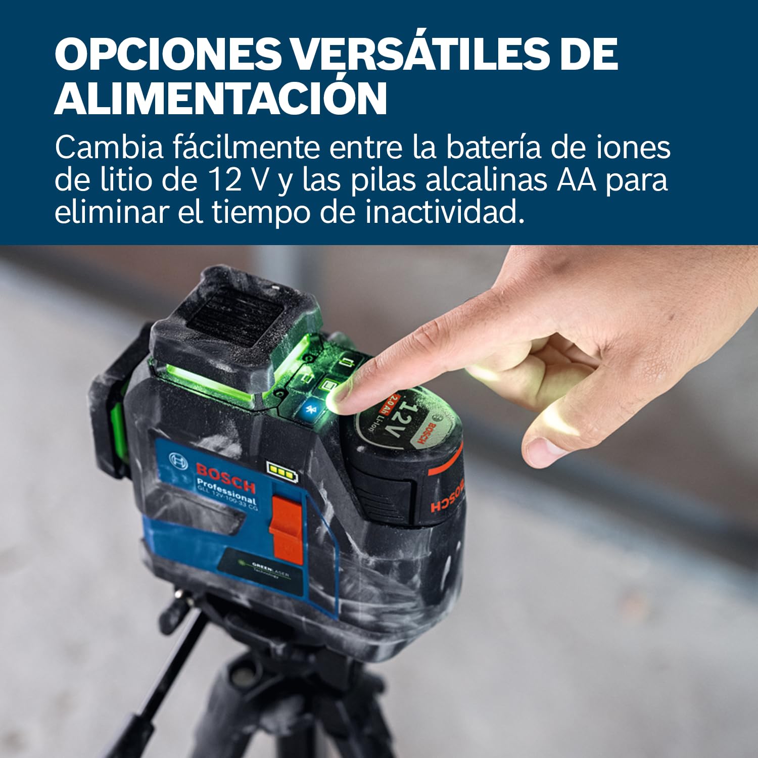 Nivel láser GLL 12V-100-33 CG de Bosch Professional (3 láseres verdes de 360°, 100 m de alcance (radio) con receptor, IP 65, Levelling Remote, LB 10, DK 20, GBA 12V 2.0Ah, GAL 12V-40, funda, L-Boxx)