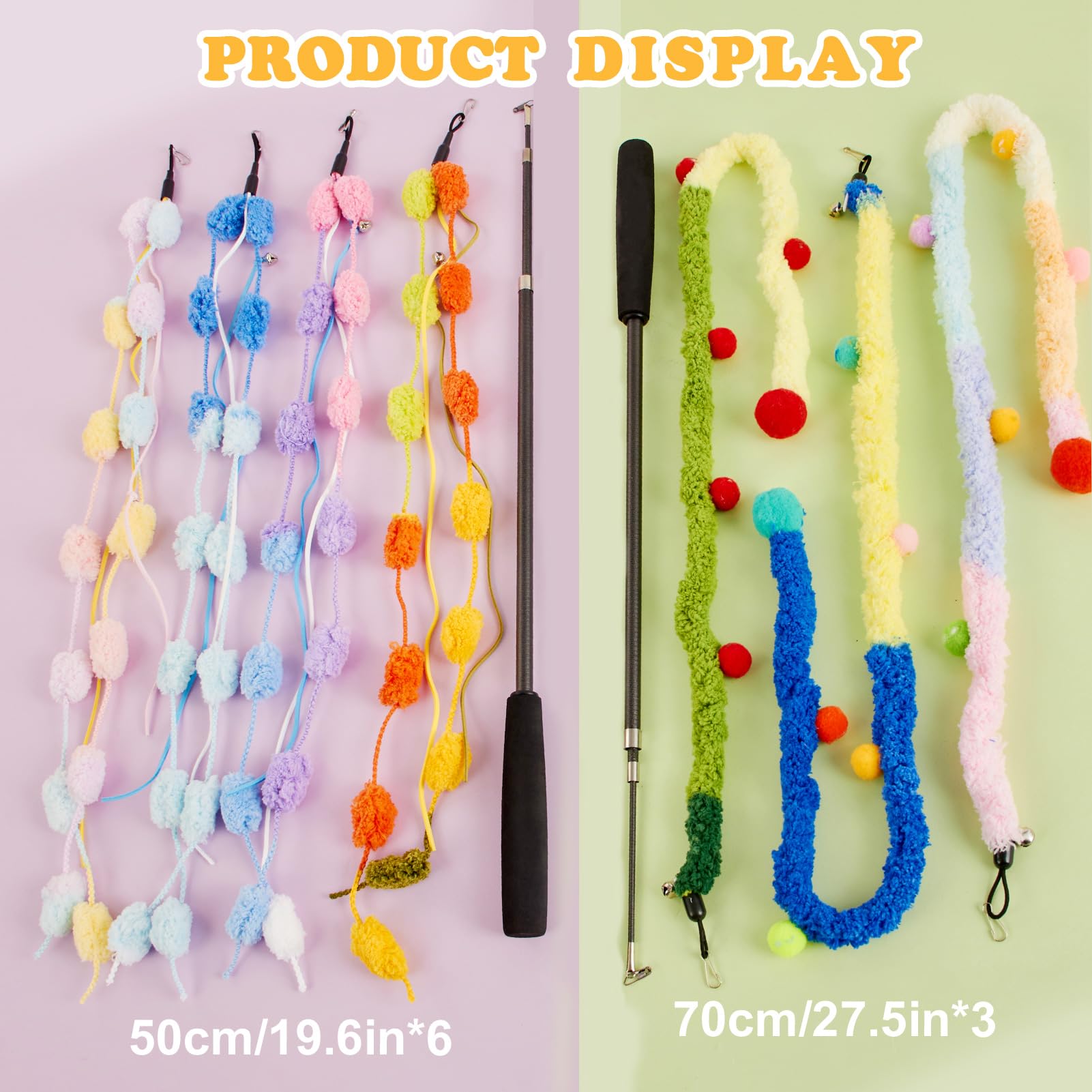 Katzenangel Lang 9tlg, Katzenspielzeug Angel mit 7 Plüschbälle Band Bunt für Katzen und 2 Katzenangel Stabile 98cm Teleskopisch, Cat Toys für Kitten und Katzen, 7tlg&2stange