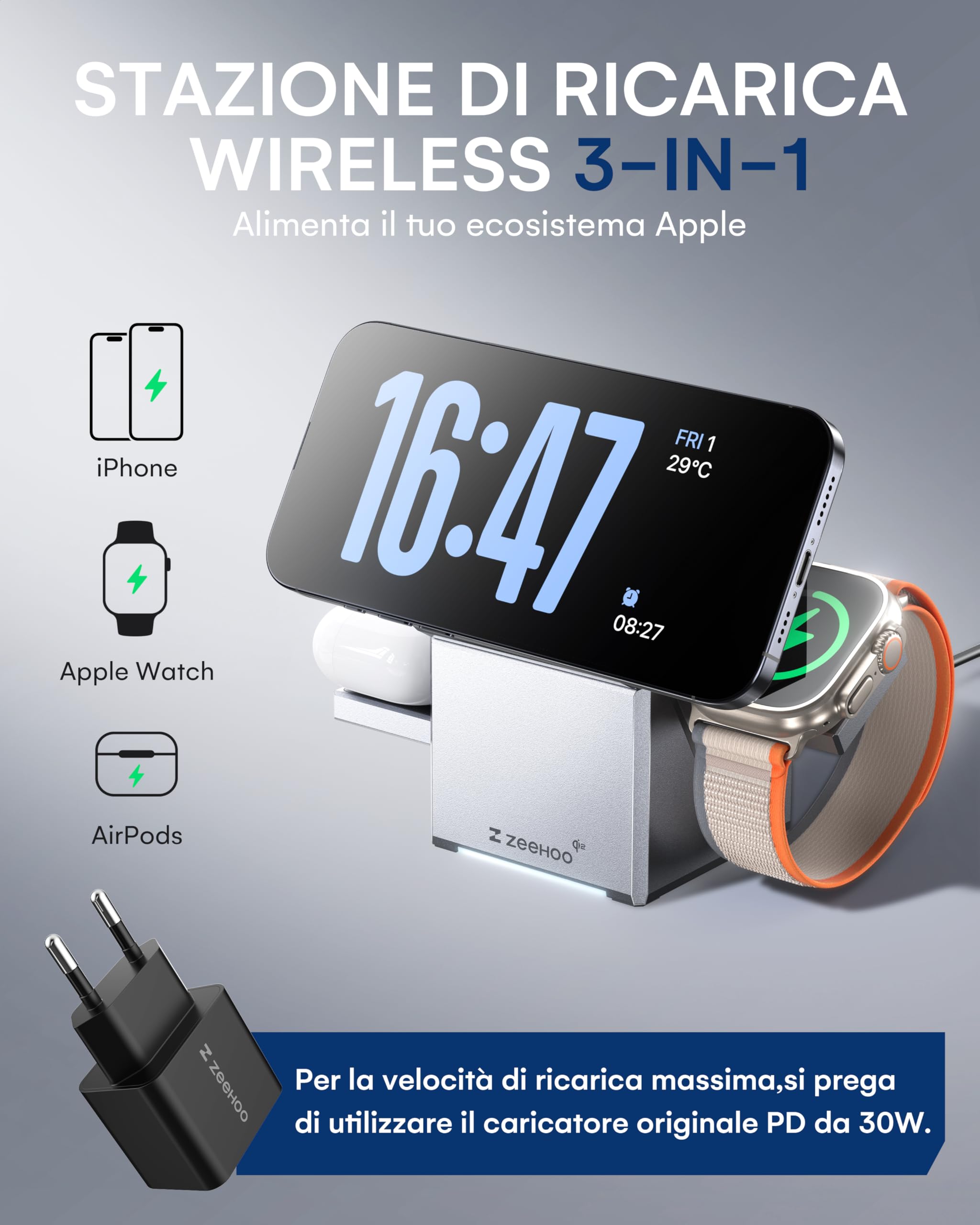 ZEEHOO Stazione di Ricarica 3 in 1 per Magsafe, CubeTrick-X Qi2 15 W Fast Wireless Charger Stand per Apple Watch, per iPhone 16, 15, 14, 13, 12 (caricatore USB-C da 30 W incluso)