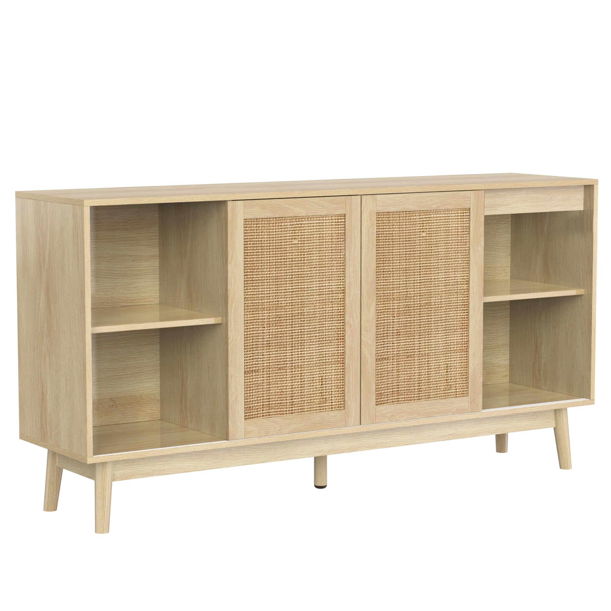 SUKY Aparador con 3 puertas correderas de ratán auténtico y 2 cajones, transpirable, estable y versátil, 155 x 38 x 80 cm