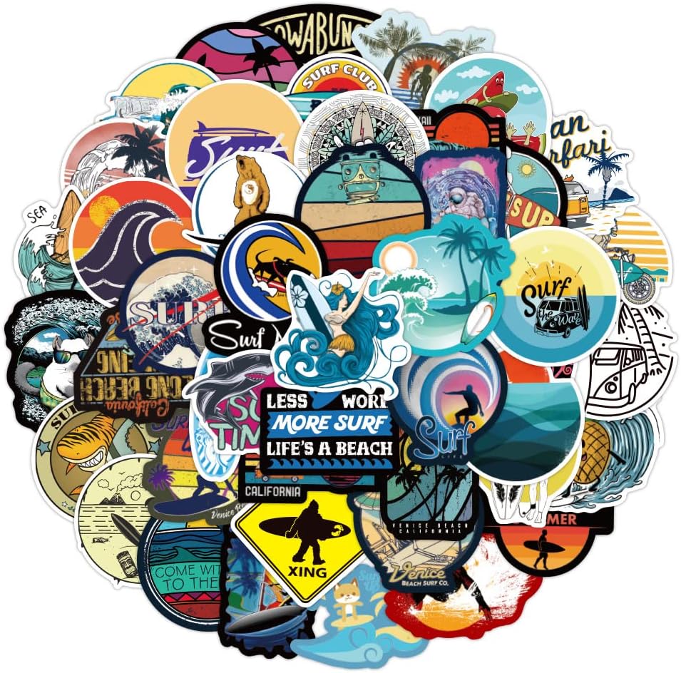 100PCS Go Surfing Stickers Beach Themed Sticker,Summer Surfing Stickers