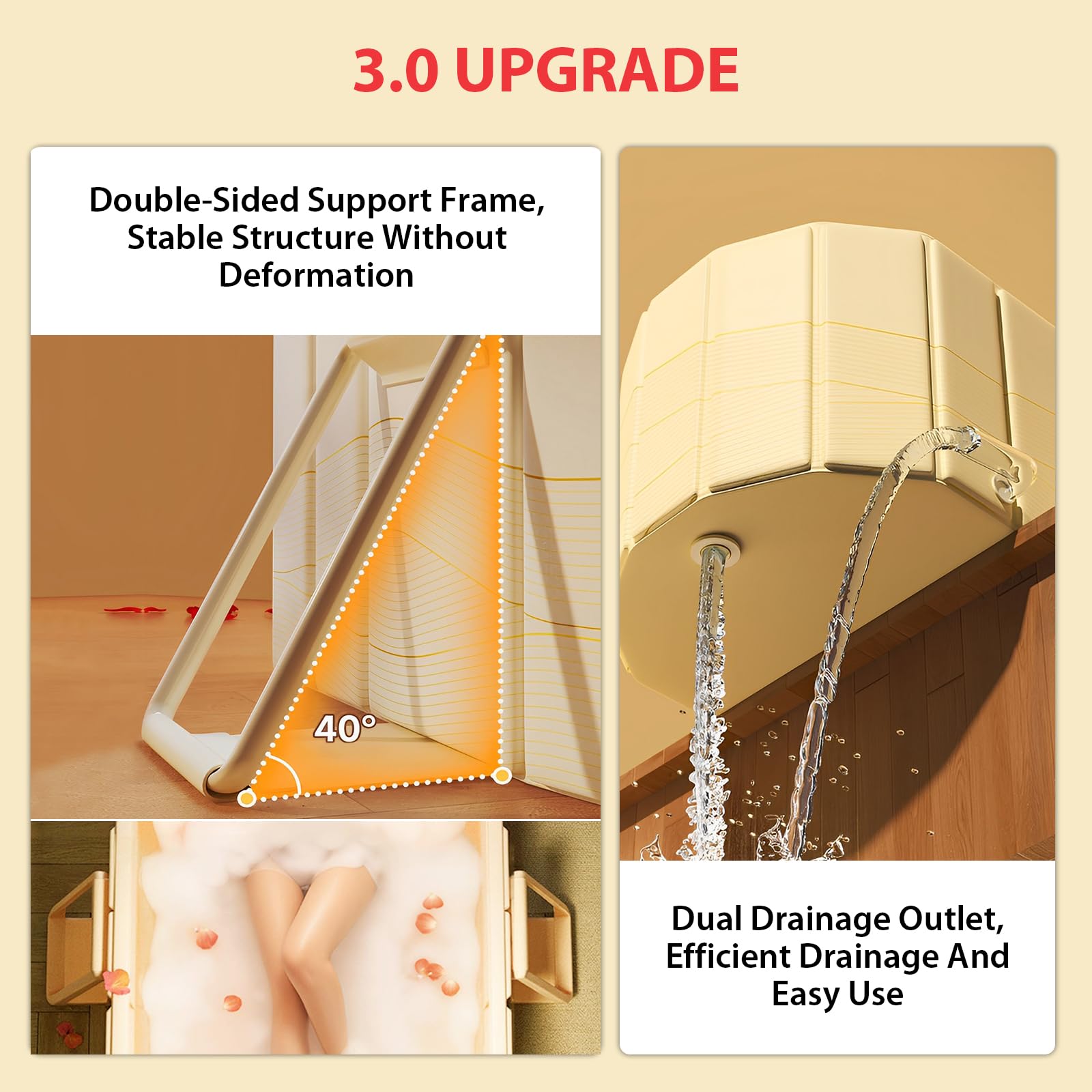 1.5M Vasca da Bagno Doppia Pieghevole - Vasca Portatile per Adulti, Senza Installazione, Ideale per SPA Domestica/Coppie, con Cuscini e Kit di Scarico (150×55×50cm)