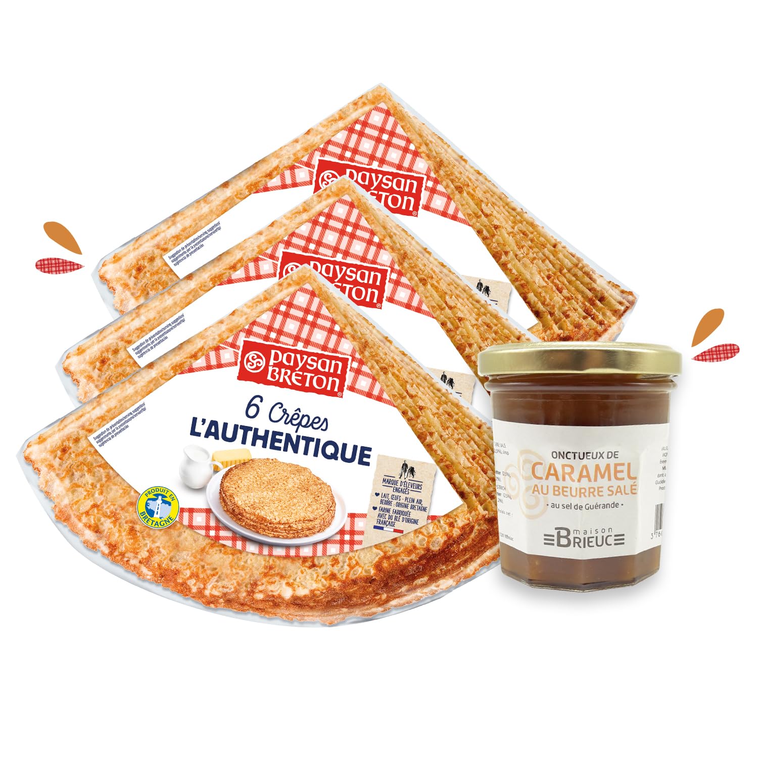 GOUTER BRETON - Lot de 3 SACHETS de Crêpes L'Authentique PAYSAN BRETON *6 (18 crêpes) + 1 POT au Caramel Beurre Salé BRIEUC de 210g