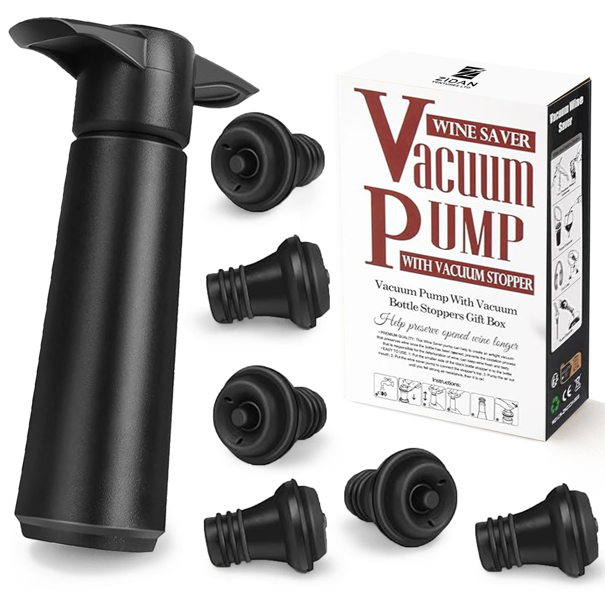 Zidanventures Wine Bottle Vacuum Pump Set with 6 Reusable Stoppers – Wine Saver Pump for Keeping Wine Fresh, Airtight Bottle Sealer for Red & White Wine Preservation