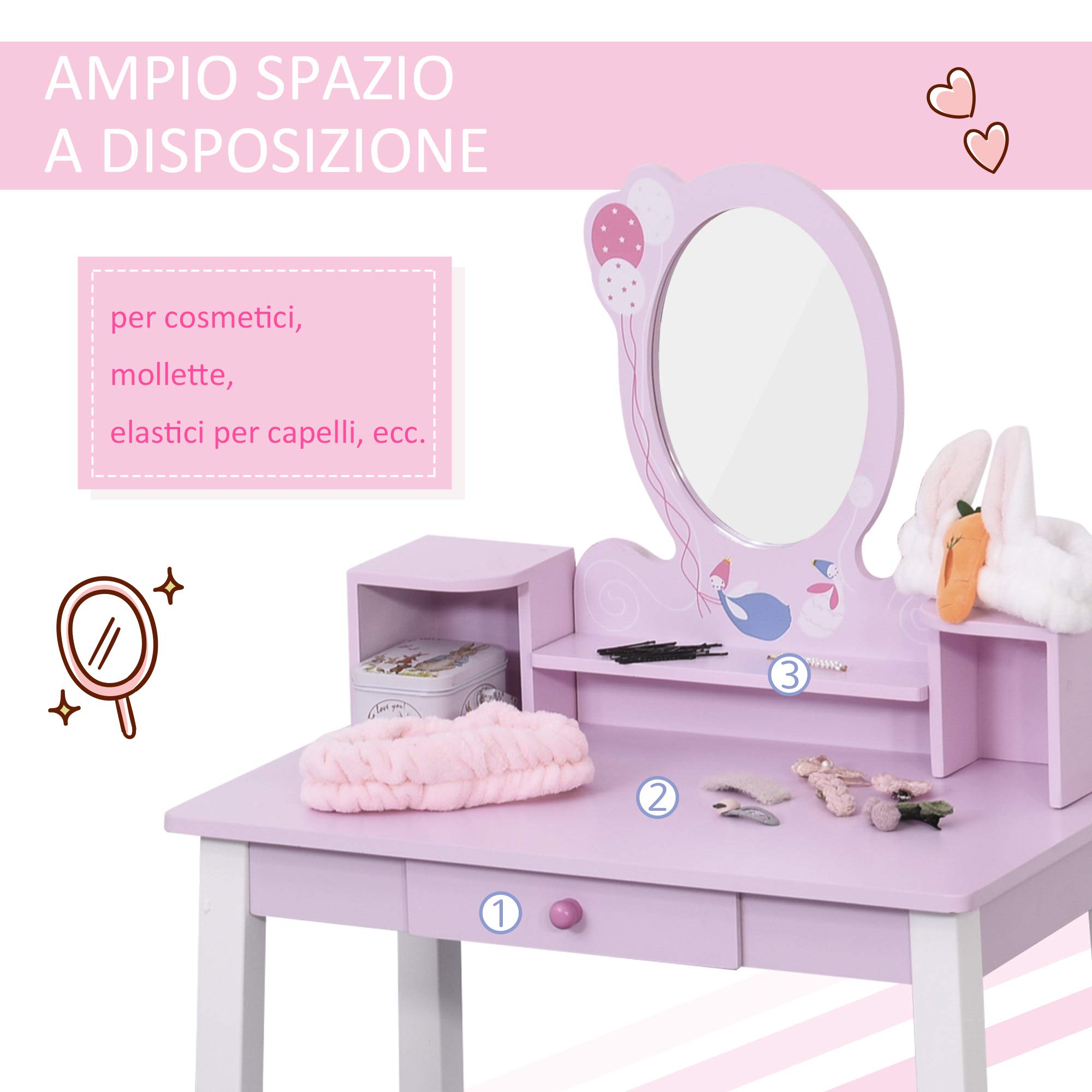 Toeletta Trucco Per Bambina COSTWAY - Specchiera 2 In 1 Con Cassetto E Sgabello, Legno Robusto 70x34x105cm Rosa - Foto 11