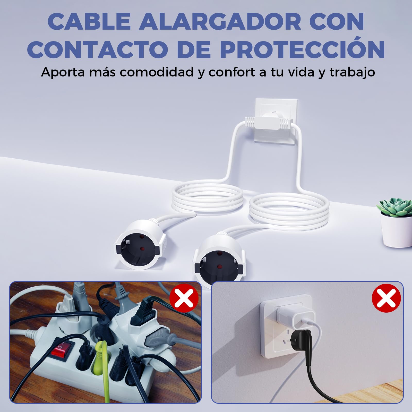 Alargador Enchufe Doble 2M+2M, 2 en 1 Cable Alargador de Corriente Exterior, 250V / 16A / Máx 4000W Alargadera Enchufe con Protección de Contacto para Oficina, Hogar, Viaje alargadera, IP20