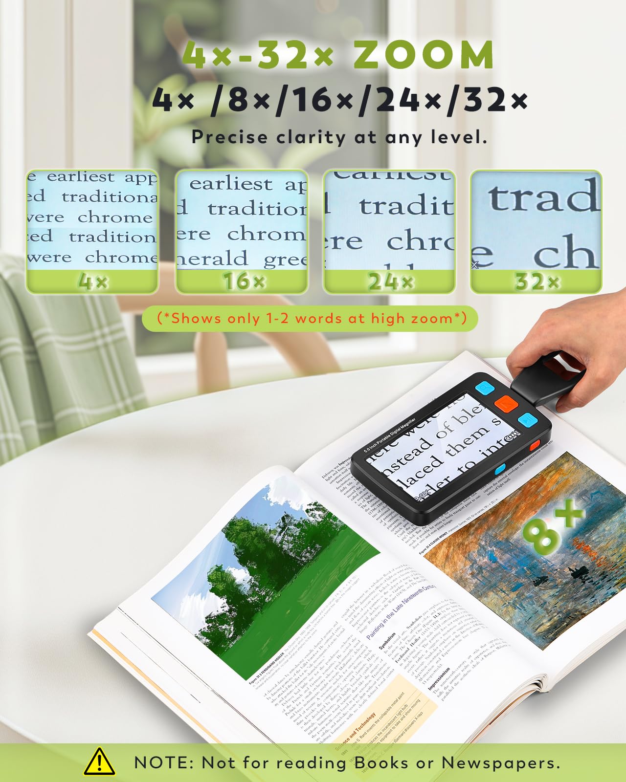 12,7 cm tragbare digitale Lupe, 4X-32X Zoom Elektronische Lesehilfe mit faltbarem Griff für schwache Sehkraft/Senioren/Kinder, ideal für schnelles Lesen - Nicht empfohlen für lange Bücher