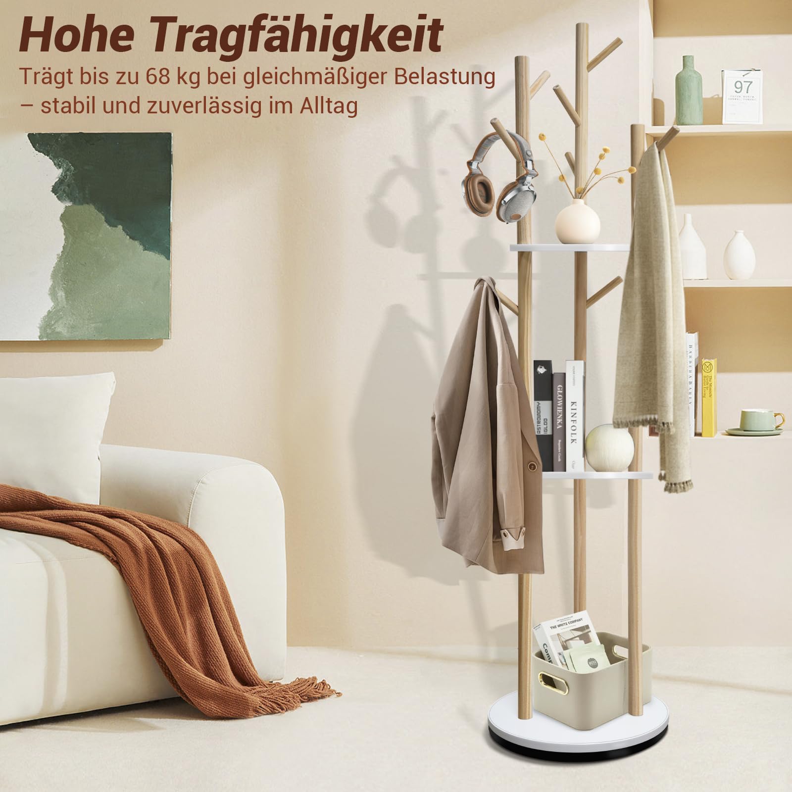 SUNDOY Drehbarer Garderobenständer aus Massivholz, 3 Ablagen & 9 Haken, stabil & einfach zu montieren, für Flur & Schlafzimmer, 165×41×41 cm, für Hüte, Schals & Taschen (Drehbare Garderobe)