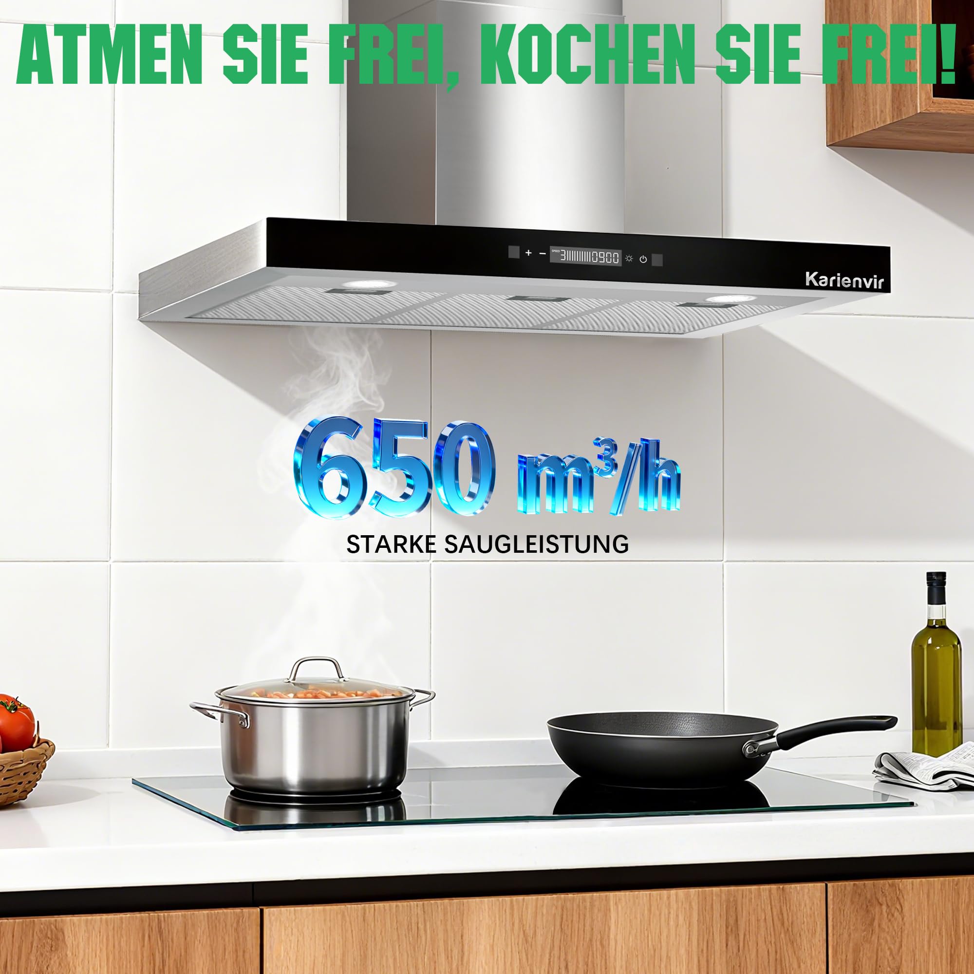Campana extractora de 90 cm, 650 m³/h, control por gestos y táctil, LED, A+